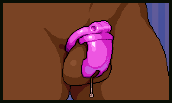 1futa beryl_(hardcoded) chastity chastity_cage chastity_device cock_cage cum dark-skinned_futanari dark_skin futanari hardcoded pink_chastity_cage pixel pixel_art precum solo trans_woman transfem