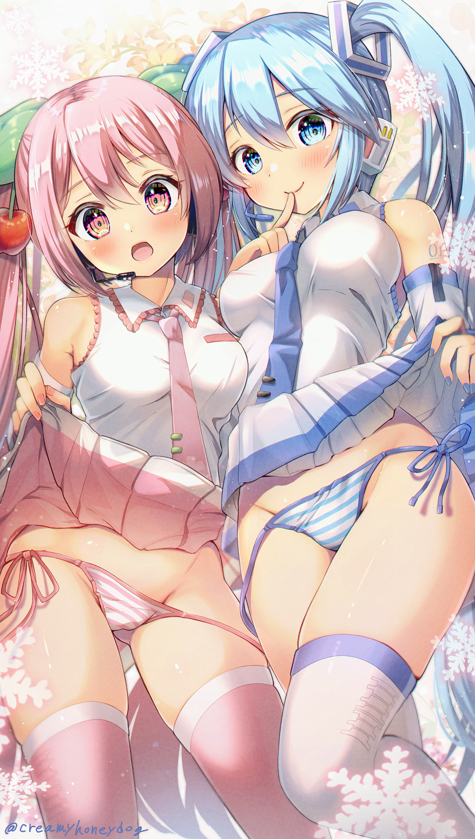 2girls :d bangs blue_eyes blue_hair blue_necktie blue_panties breasts cherry_hair_ornament closed_mouth clothes_lift collared_shirt daken-chan detached_sleeves finger_to_mouth food-themed_hair_ornament groin hair_ornament hatsune_miku headset highres lifted_by_self long_hair looking_at_viewer multiple_girls necktie open_mouth panties pink_eyes pink_hair pink_legwear pink_necktie pink_panties pink_skirt sakura_miku shirt skirt skirt_lift smile snow_miku snowflakes striped striped_panties tattoo thighhighs twintails twitter_username two-tone_panties underwear vocaloid white_legwear white_panties white_shirt