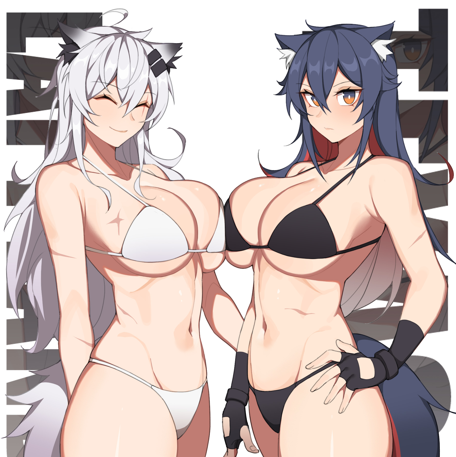 ^ ^, 2girls, animal ear fluff, animal ears, arknights, asymmetrical docking, bangs, bare shoulders, bikini, black gloves, black hair, breast press, breasts, brown eyes, closed eyes, commentary, cowboy shot, english commentary, eyebrows visible through hair, female, fingerless gloves, gloves, groin, hair between eyes, hand on hip, hanenosaki, highres, lappland (arknights), large breasts, long hair, multiple females, multiple girls, navel, scar, scar across eye, silver hair, simple background, smile, standing, stomach, swimsuit, tail, texas (arknights), very long hair, white background, white bikini, wolf ears, wolf tail