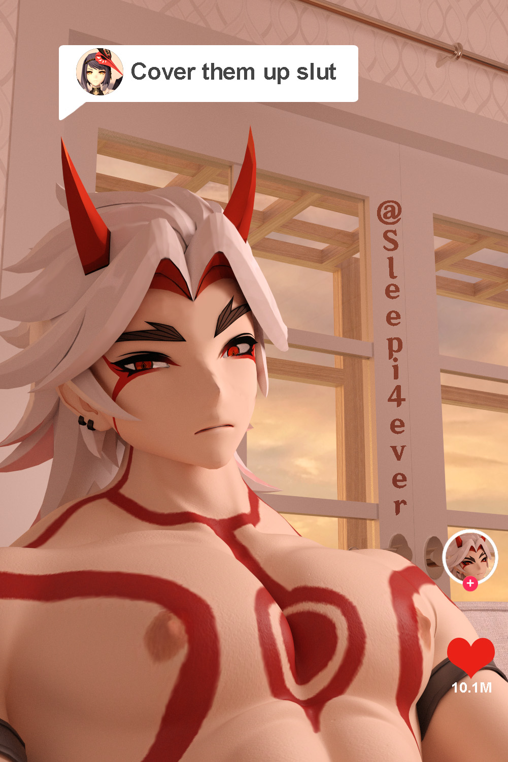 abs arataki_itto bara big_chest big_pecs chest cover_them_up_slut genshin_impact ittosara kujou_sara looking_at_camera male male_focus meme muscles muscular muscular_male nipples pecs piercing red_eyes sleepi4ever tiktok tiktok_overlay white_hair