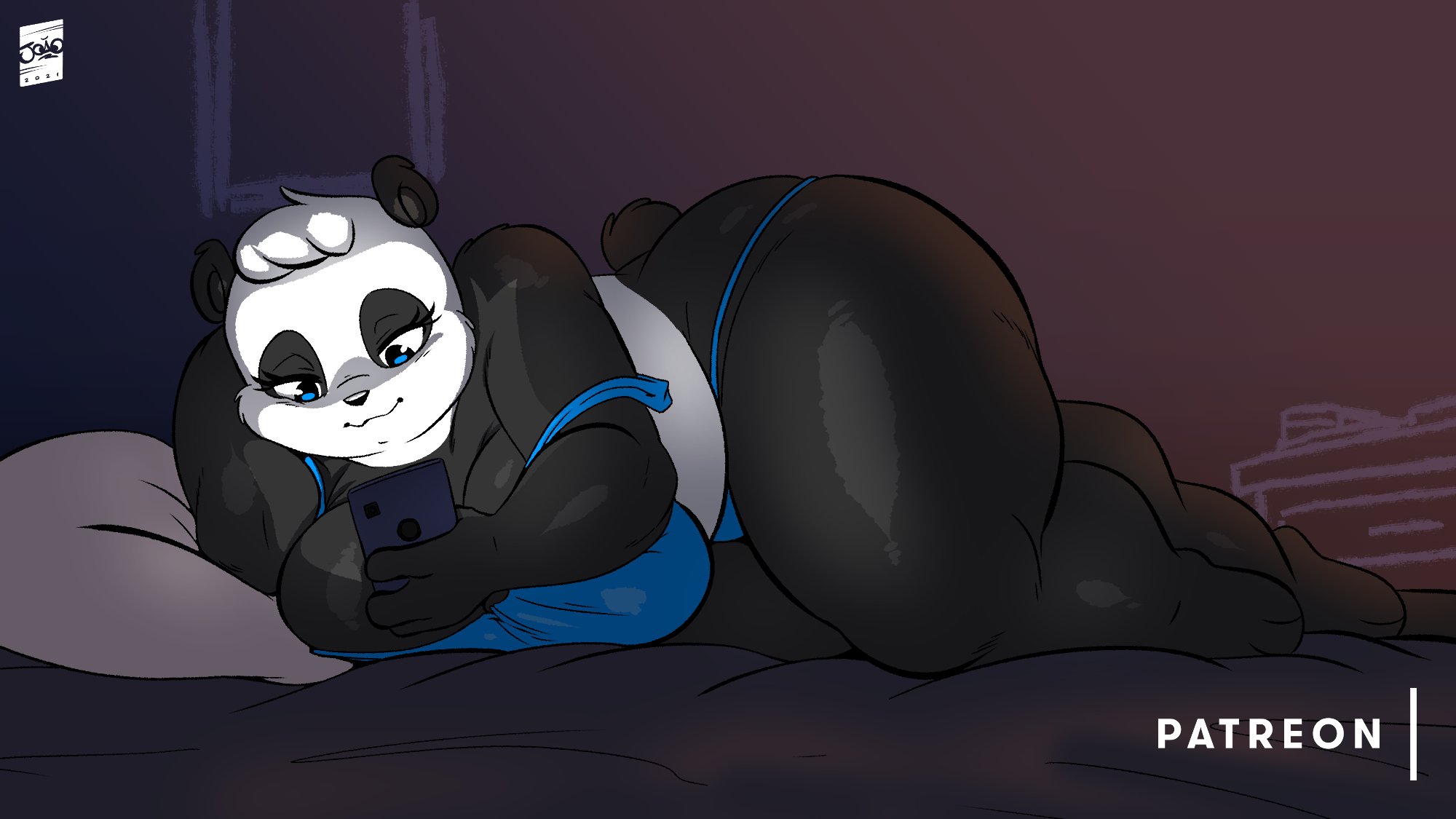 anthro, ass, bear, big ass, big breasts, breasts, bubble ass, bubble butt, chubby, clothing, female, fur, furry, furry only, giant panda, hi res, huge breasts, joaoppereiraus, lying, panda, pillow, solo, sueli (joaoppereiraus), tagme, tagme (artist), tail, thick thighs, thong, underwear