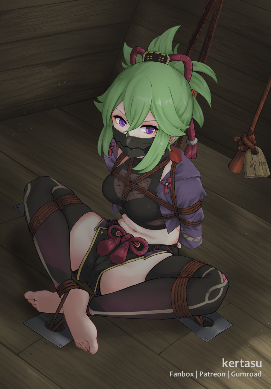 1girls, arms tied behind back, bondage, bound ankles, bound legs, female, genshin impact, green hair, kertasu, kuki shinobu, looking at viewer, mask, purple eyes