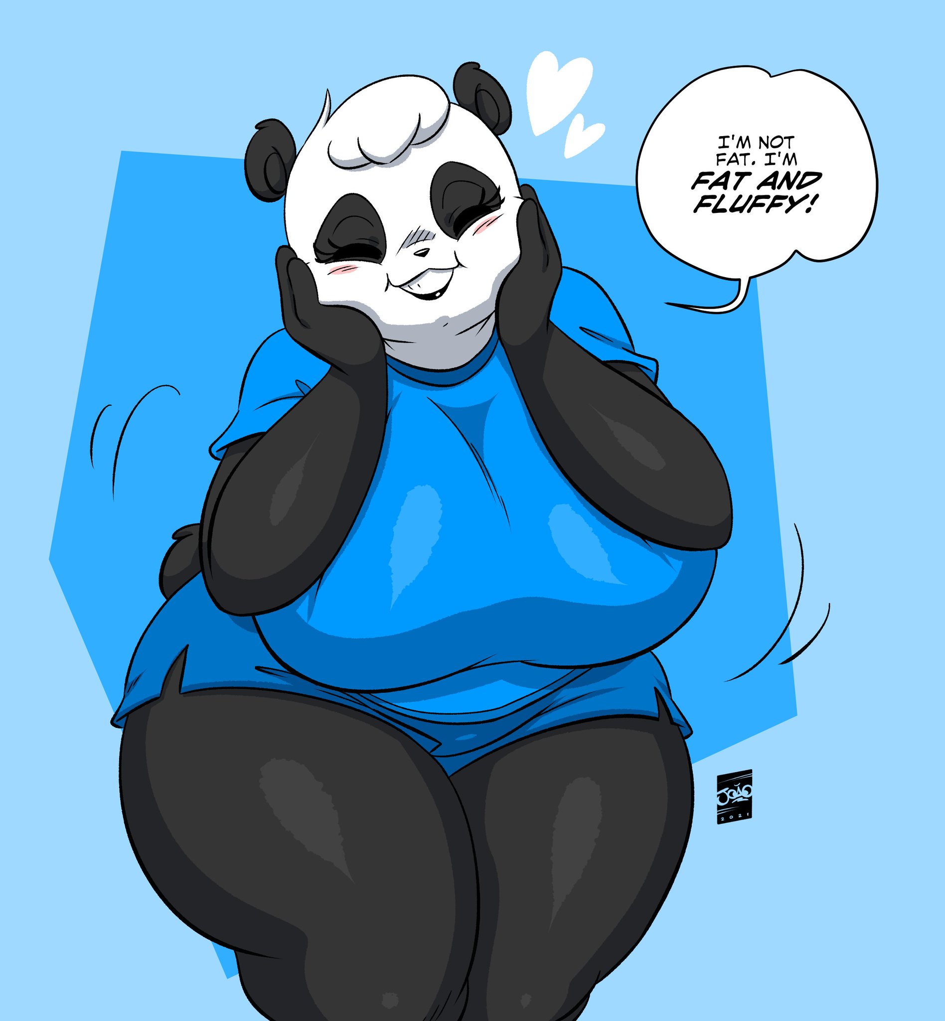 anthro, bear, big breasts, black and white fur, blush, breasts, chubby, chubby female, closed eyes, clothed, clothing, dialogue, english text, fat, female, female only, fluffy, fur, furry, furry only, giant panda, gigantic breasts, huge breasts, hyper breasts, joaoppereiraus, large breasts, panda, short shorts, shorts, solo, sueli (joaoppereiraus), tagme, tagme (character), tail, text, thick thighs, wide hips