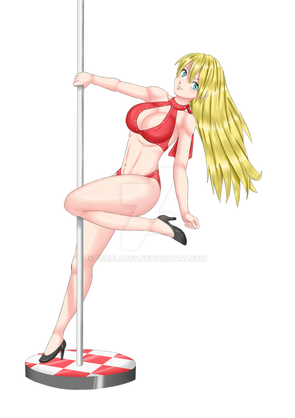 aqua_eyes blonde_hair cleavage_cutout dancer dancer_outfit dancing ferulaboy high_heels large_breasts long_hair original original_character pole_dancing stripper_pole thick_thighs