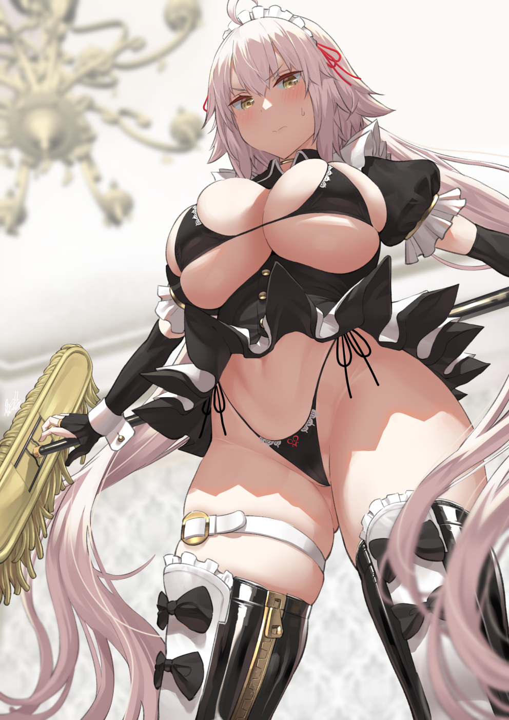 1girls 2022 ahoge black_panties blush breasts embarrassed fate/grand_order fate_(series) female female_only hips huge_breasts indoors jeanne_alter long_hair looking_at_viewer low-angle_view maid maid_bikini maid_headdress maid_outfit pale-skinned_female pale_skin panties side-tie_panties skindentation slim_waist thick_thighs thigh_boots thigh_strap thighs underboob uo_denim very_long_hair white_hair wide_hips yellow_eyes