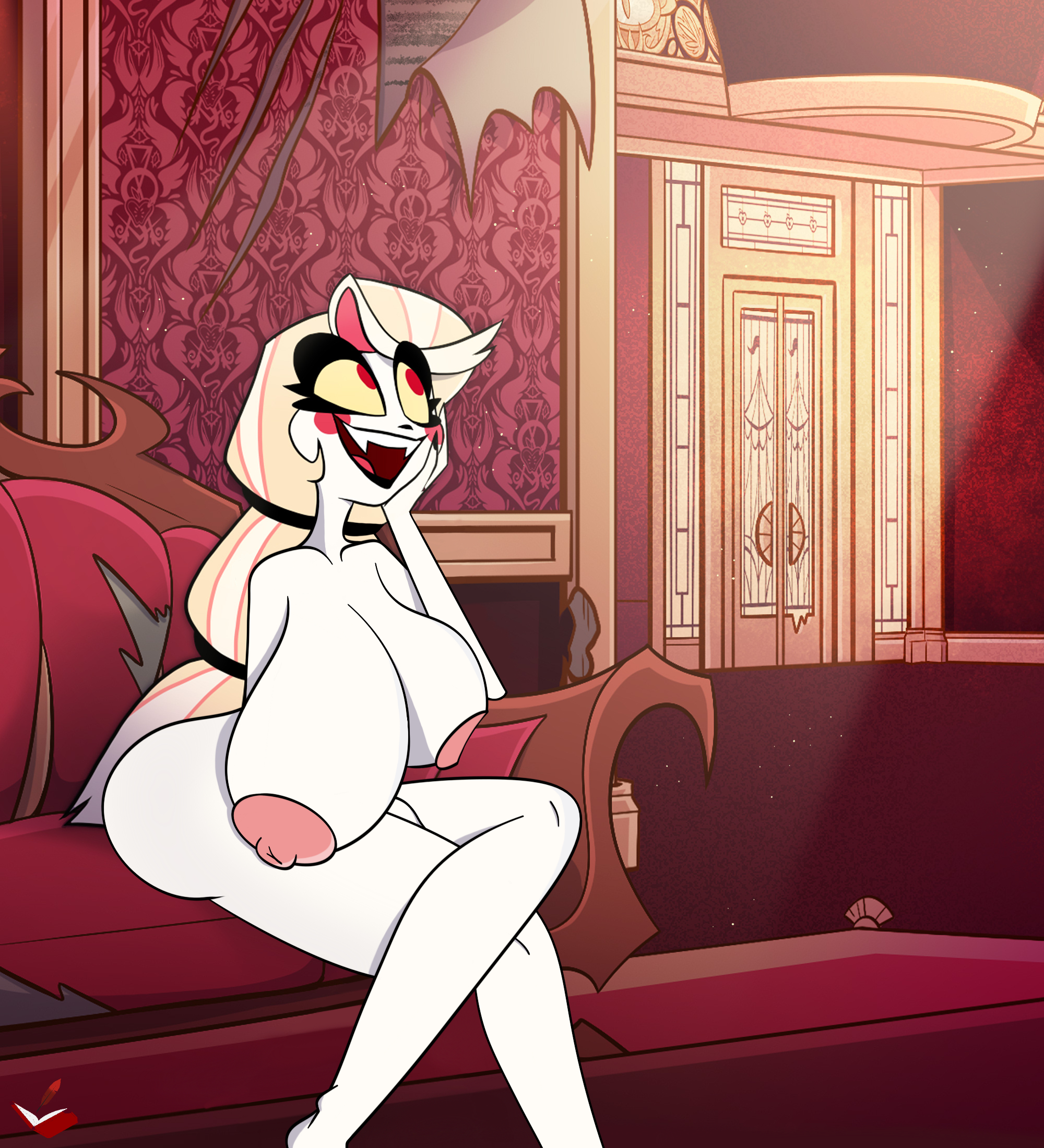 1girls, ass, big ass, big breasts, black lipstick, blonde hair, breasts, casual, charlie morningstar (hazbin hotel), completely nude, demon, demon girl, edit, fangs, female, female only, hazbin hotel, naked, naked female, nipples, nude, nude female, on couch, pale skin, redquill07, solo, solo female, straight hair, vivienne medrano