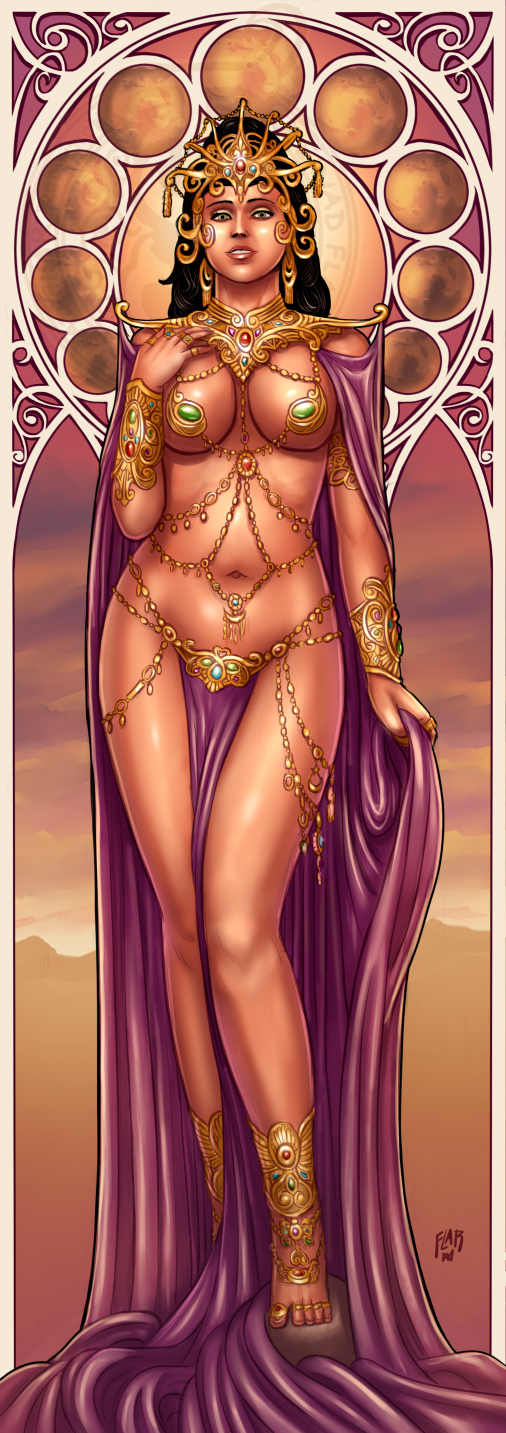 a_princess_of_mars art_nouveau barsoom black_hair cape dejah_thoris gold_chain headdress john_carter_of_mars large_breasts loincloth long_hair looking_at_viewer lots_of_jewelry martian revealing_clothes royalty shoulder_armor sleinadflar