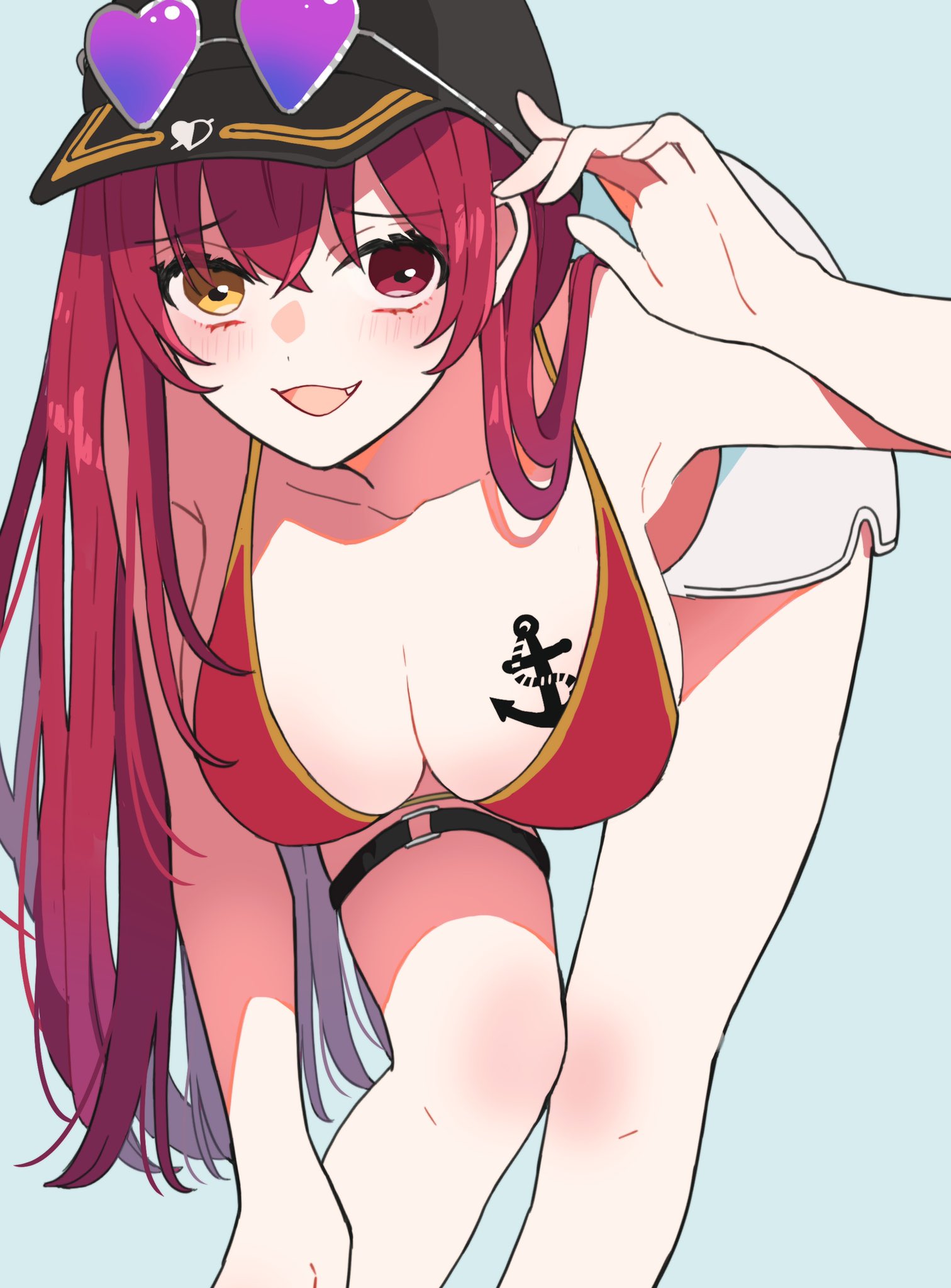 bikini, blush, breasts, different eye color, eyewear on head, female, female only, hat, hololive, hololive fantasy, hololive japan, houshou marine, mouth open, red eyes, red hair, solo, sunglasses, sunglasses on head, tattoo, virtual youtuber, yellow eyes