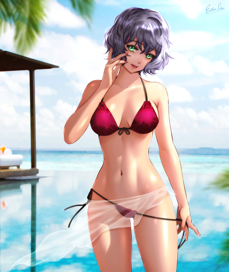 1girls beach bikini esther-shen fit_female green_eyes hourglass_figure lavender_hair legend_of_heroes looking_at_viewer medium_breasts seaside sharon_kruger