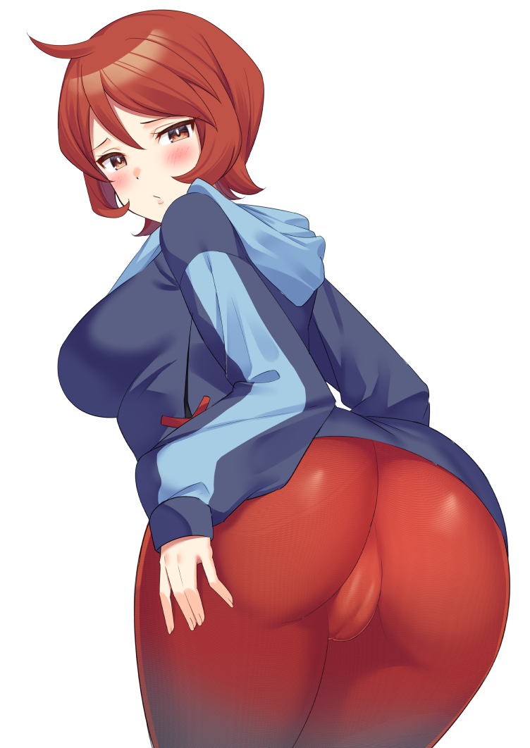 1girls, arezu (pokemon), ass, big ass, big butt, blush, breasts, chakoboshi taro, eyebrows, female, female focus, female only, looking at viewer, looking back, nintendo, pokemon, pokemon legends: arceus, red eyes, red hair, short hair, solo, standing, thick thighs, tight clothing, tight pants, white background