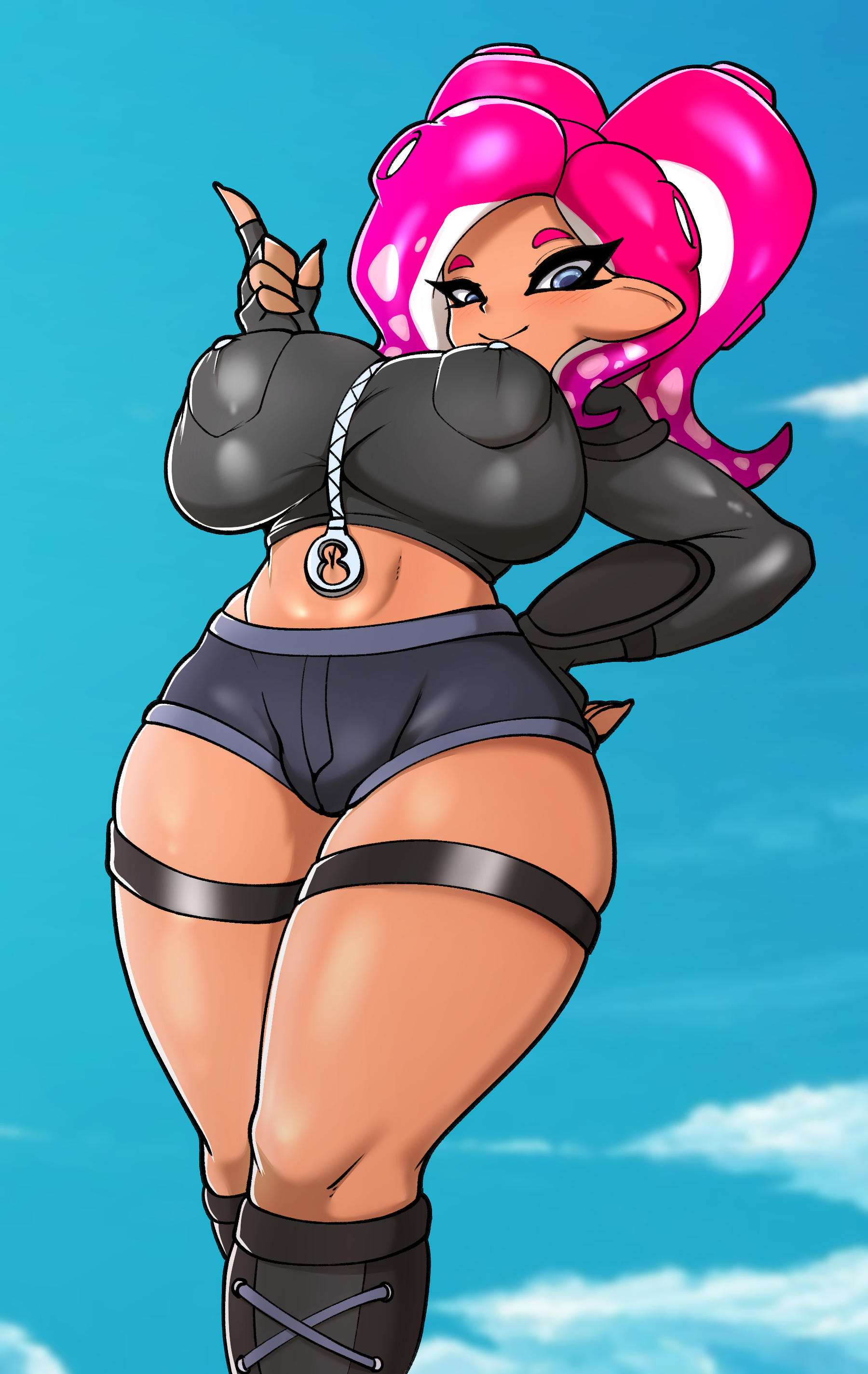 1girls, armwear, belly, big breasts, black jacket, blush, boots, breasts, clothed, clothing, cloud, cropped jacket, curvaceous, curvy, day, denim, denim shorts, detailed background, digital media (artwork), eyelashes, female, female focus, female only, footwear, hair, half-closed eyes, hand on hip, hi res, highres, jacket, large breasts, legwear, light skin, light-skinned female, long hair, long sleeves, looking at viewer, looking down, navel, nintendo, nipple bulge, octoling, octoling girl, outdoors, outside, pink hair, shorts, shoulder pads, sky, smile, smiling, smiling at viewer, solo, solo female, solo focus, splatoon, standing, tentacle hair, thick thighs, thigh strap, thighs, zipper, zipper pull tab, zzvinniezz