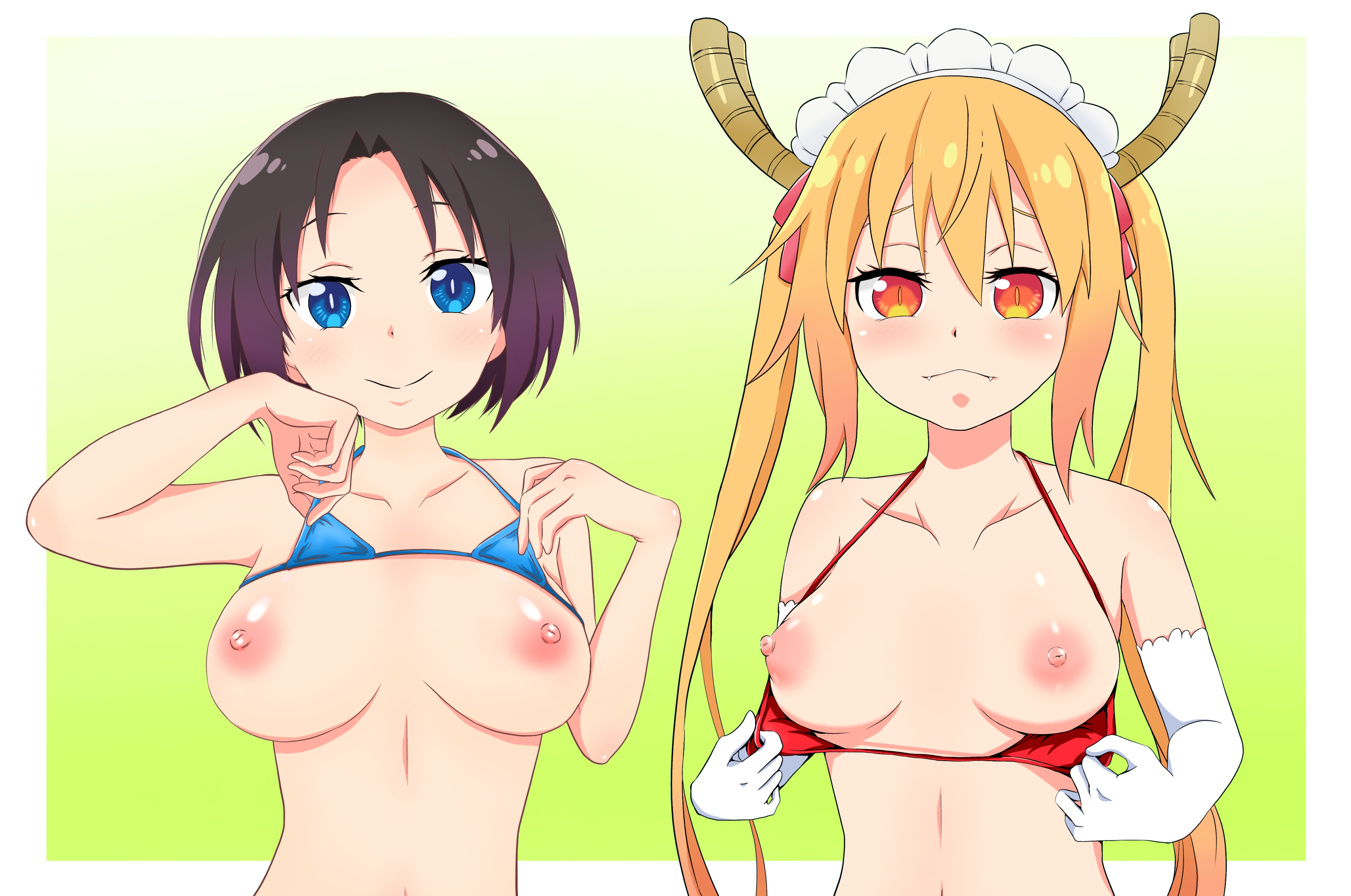 2girls, artist request, big breasts, blue eyes, breast focus, breasts, elma (dragon maid), female, miss kobayashi's dragon maid, multiple females, multiple girls, orange eyes, tagme, tohru (dragon maid), upper body
