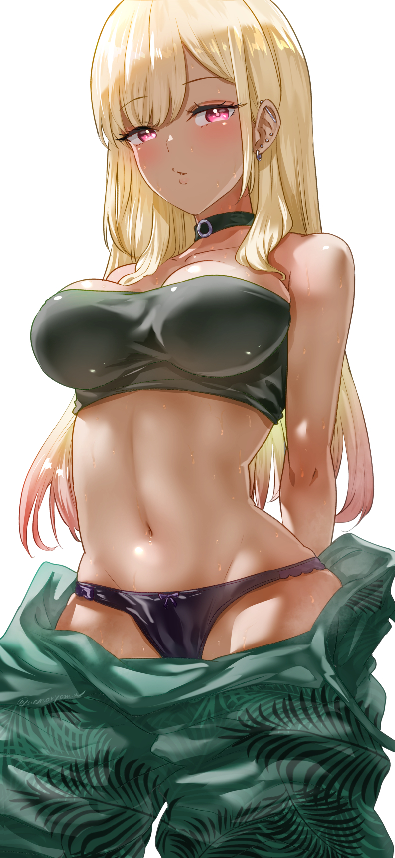 1girls, 2022, blonde hair, bow, bow panties, breasts, choker, ear piercing, female, female only, gyaru, huge breasts, kitagawa marin, long hair, looking at viewer, panties, purple panties, red eyes, simple background, slim waist, sono bisque doll wa koi wo suru, tan, tan-skinned female, tanned skin, tubetop, uenoryoma