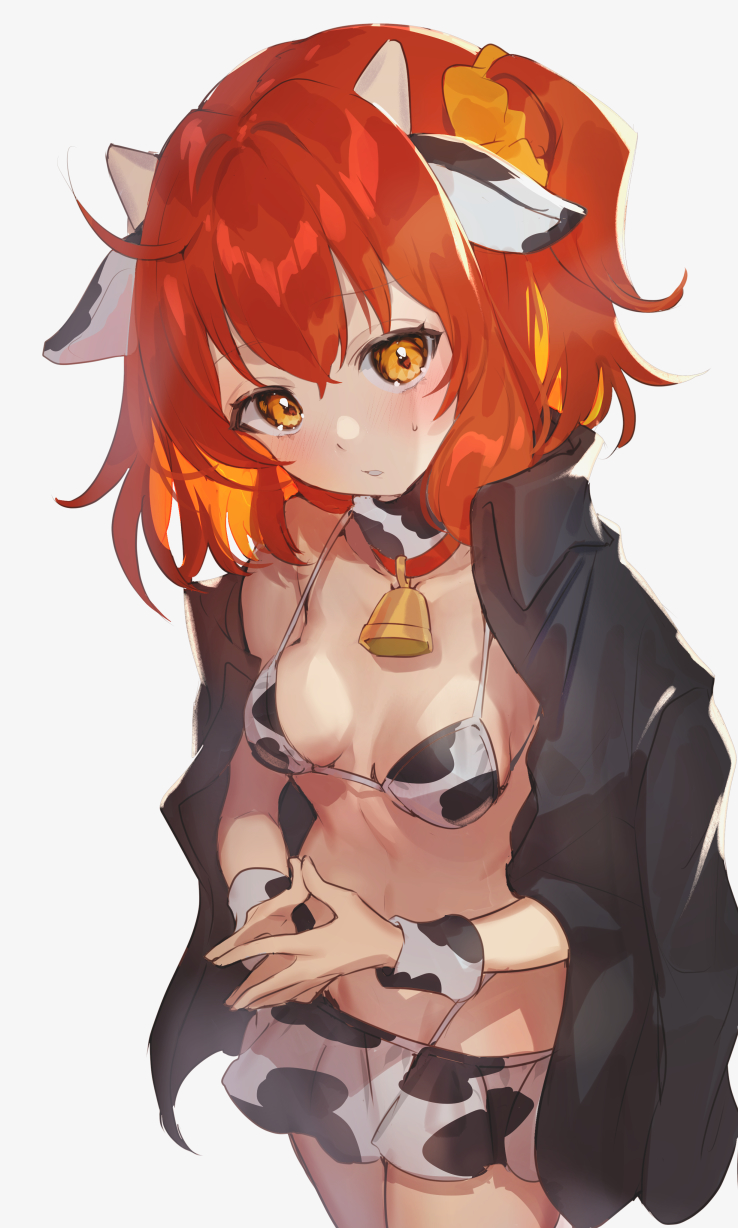 ahoge alternate_costume animal_ears animal_print bell bikini bikini_skirt breasts cow_bikini cow_ears cow_girl cow_horns cow_print cowbell fate/grand_order fate_(series) female fujimaru_ritsuka_(female) galibo hair_ornament hair_scrunchie highres horns medium_hair neck_bell orange_eyes orange_hair print_bikini scrunchie small_breasts solo swimsuit white_bikini yellow_scrunchie