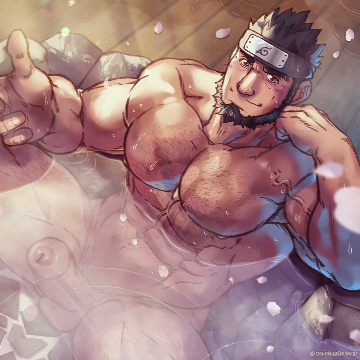 1boy abs bathhouse beard biceps black_eyes black_hair body_hair boner dilf erect_penis erection facial_hair hot_spring looking_at_viewer male male_nipples male_only mature mature_male muscular muscular_male naked naruto naruto_(series) naruto_shippuden nude onionworkshop onsen partially_submerged pecs penis presenting presenting_penis sarutobi_asuma short_hair sideburns solo solo_focus solo_male veins veiny_muscles voluptuous water