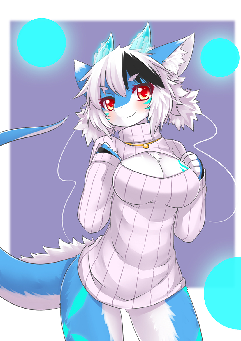 animal_ears anthro breasts dragon dragon_tail female female_only furred_dragon furry hands_over_breasts looking_at_viewer neck_tuft red_eyes smile solo tail white_hair wolflong wolflong_(character)