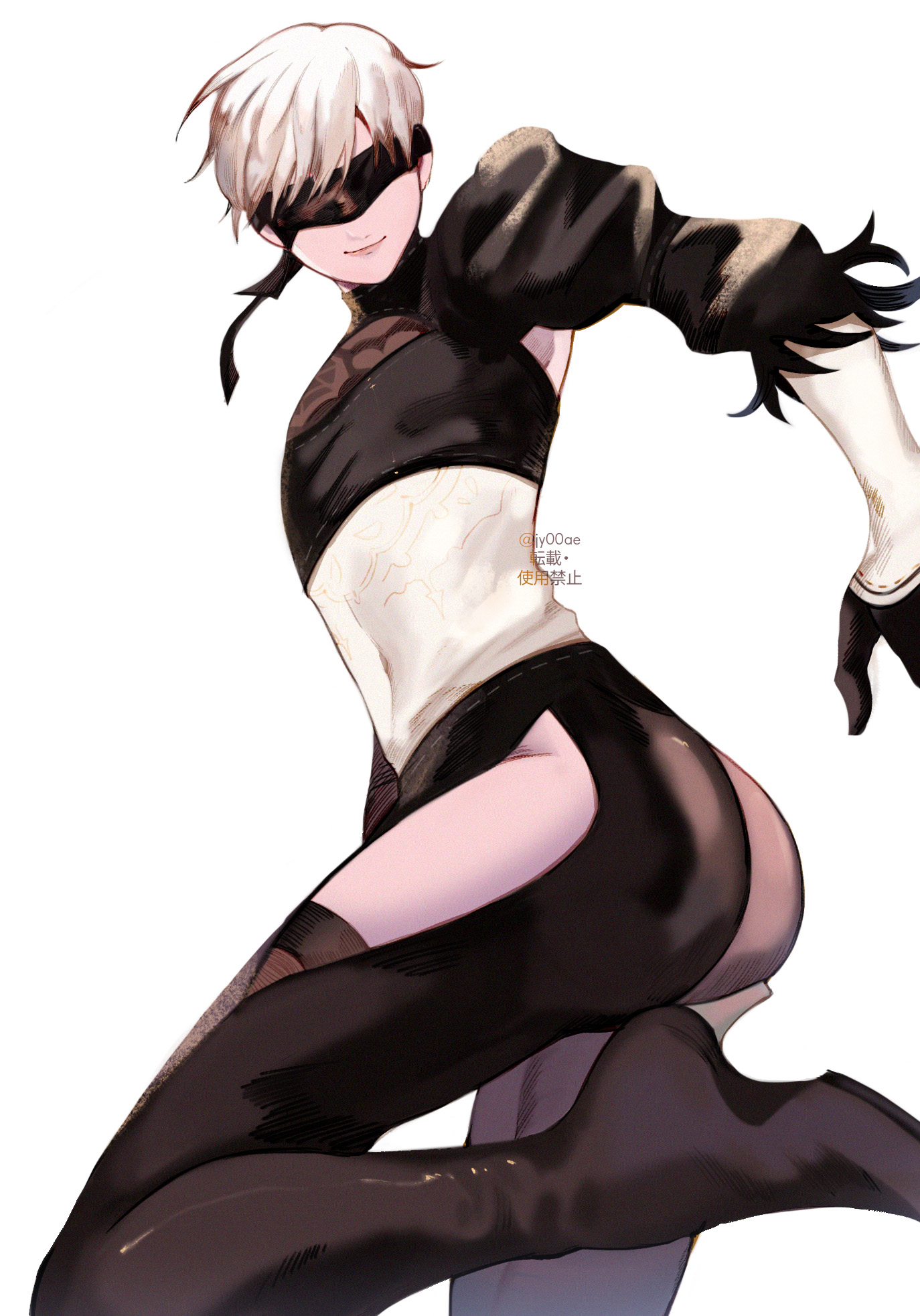 1boy, ass, blindfold, crossdressing, crossplay, femboy, high heel boots, high heels, jy00ae, looking at viewer, male, male only, nier, nier (series), nier: automata, solo, thigh boots, thighhighs, trap, white background, white hair, yorha 2b (cosplay), yorha 9s