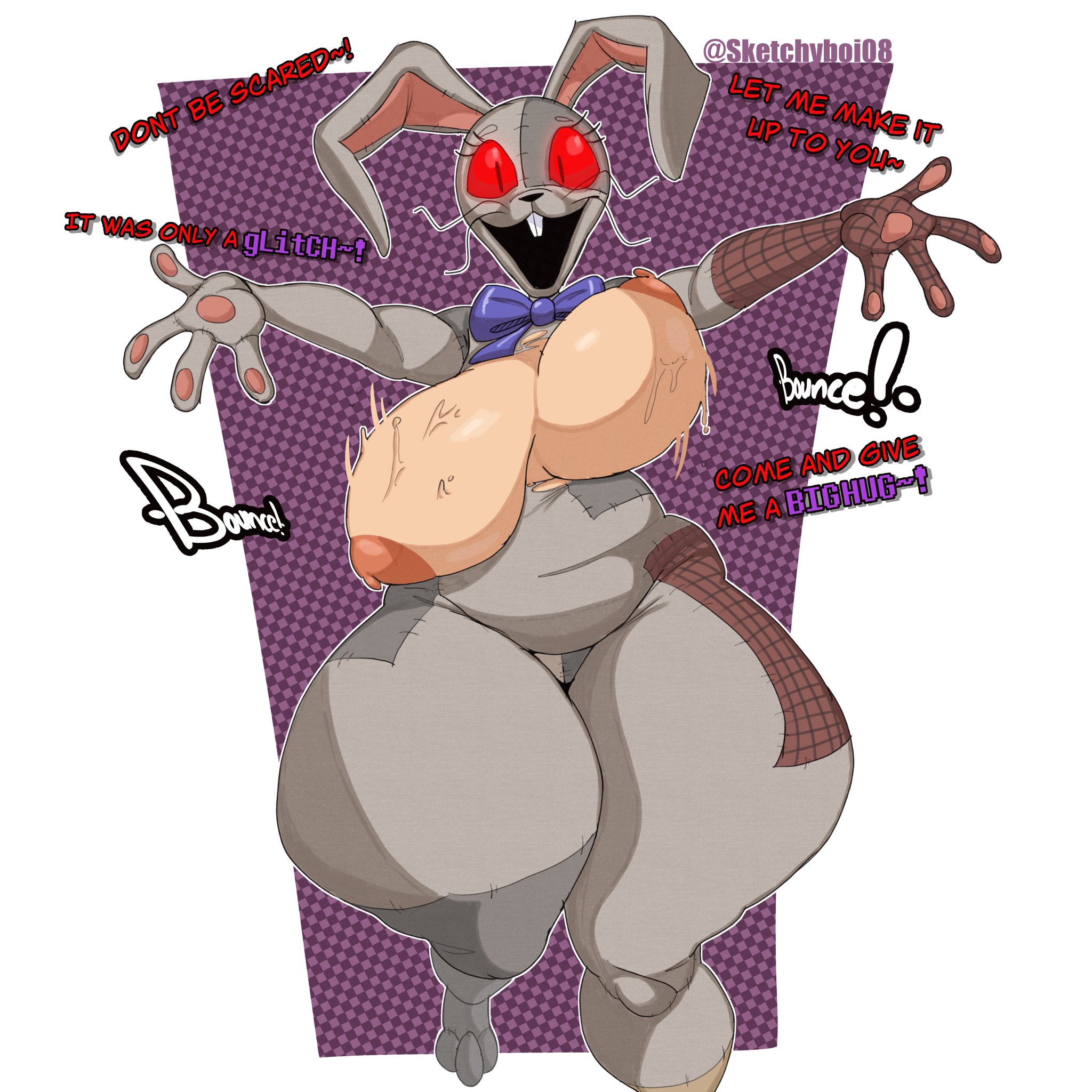 ass, big ass, big breasts, bouncing breasts, breasts, bunny costume, bunny ears, bunny girl, busty, curvy, female, five nights at freddy's, five nights at freddy's: security breach, fnaf, looking at viewer, sketchyboi08, solo, text, vanny (fnaf)