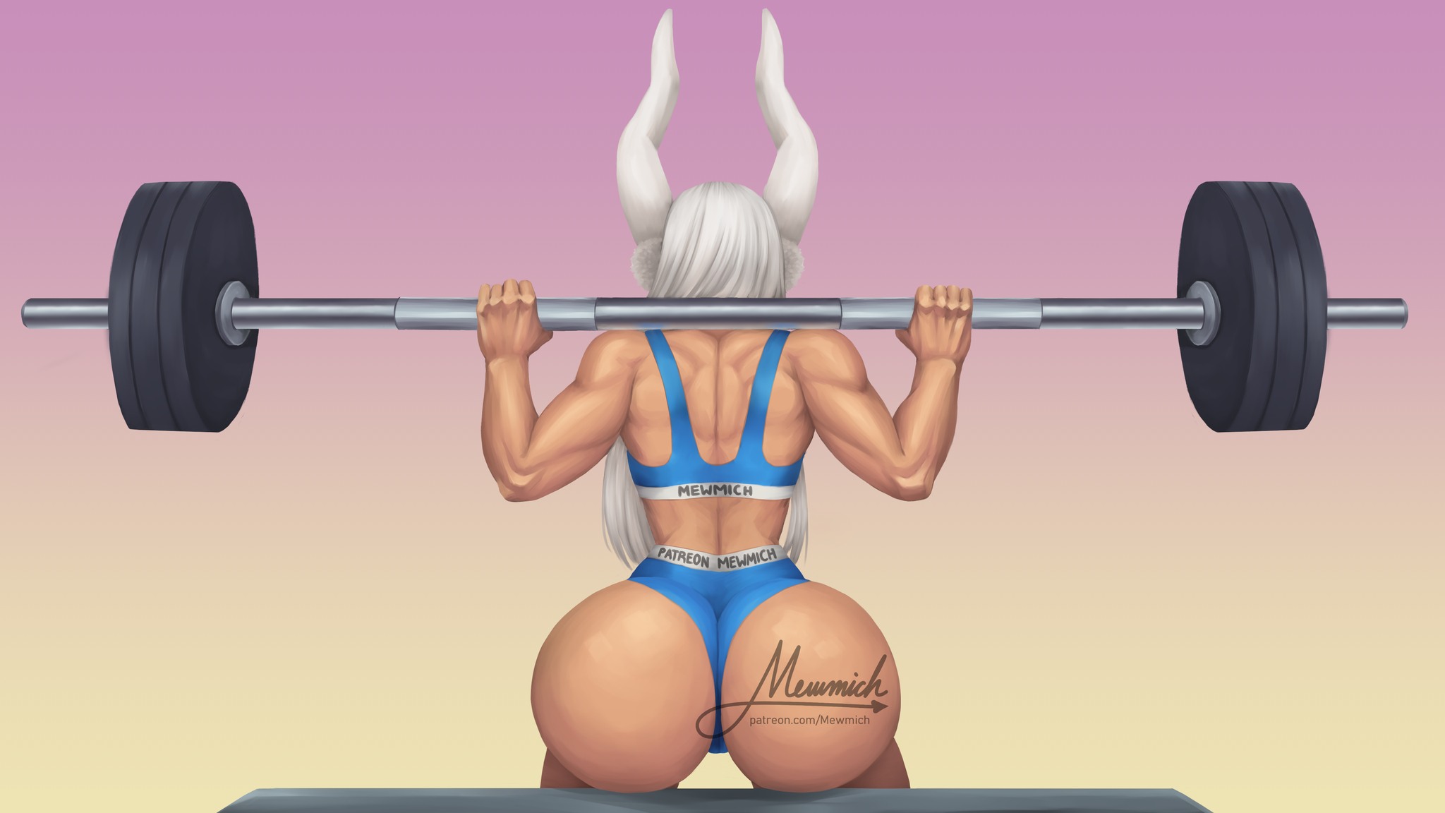 1girls, ass, big ass, bubble ass, bubble butt, bunny ears, dark skin, dark-skinned female, female, female only, furry ears, gym uniform, hero outfit (mha), heroine, lifting, mewmich, miruko, my hero academia, round ass, rumi usagiyama, weightlifting, weights