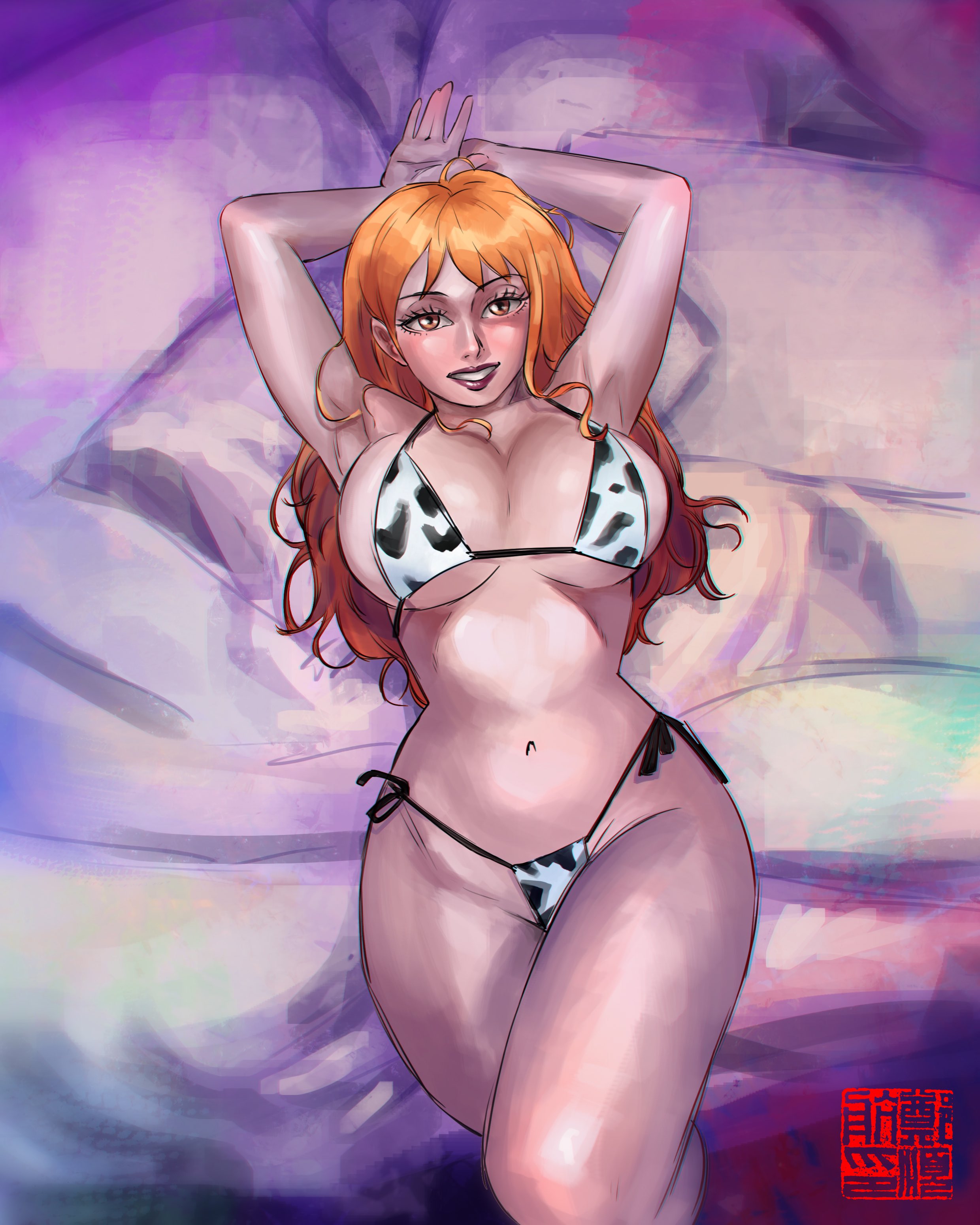 1girls, aliasartwork, bed, big breasts, breasts, cleavage, cow print, cow print bikini, curvy, female, female only, hands above head, long hair, looking at viewer, lying, lying on back, lying on bed, nami (one piece), one piece, orange hair, smile, solo, tattoo, thong, voluptuous
