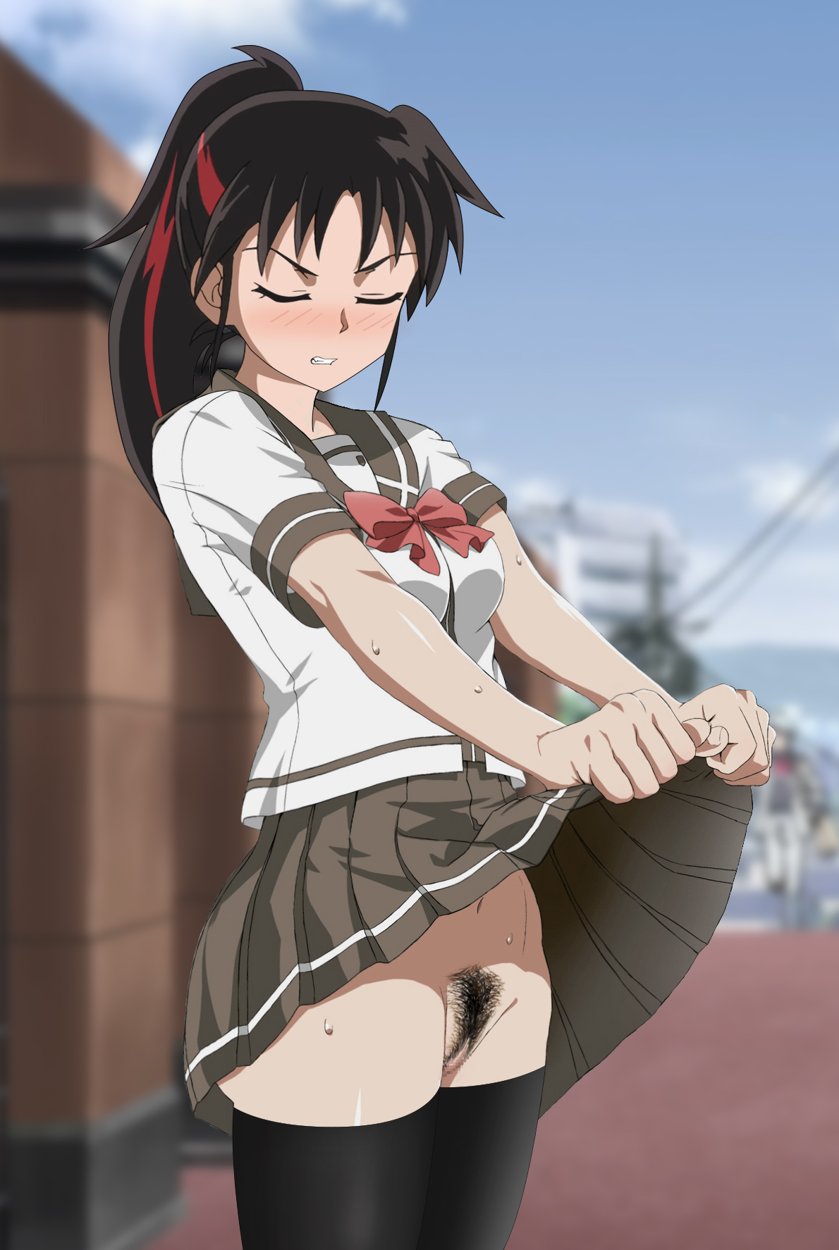 censored, female, hairy pussy, inuyasha, mosaic censoring, pubes, public exposure, pussy, setsuna (yashahime), shy, skirt, skirt lift, stockings, sweat, yashahime: princess half-demon