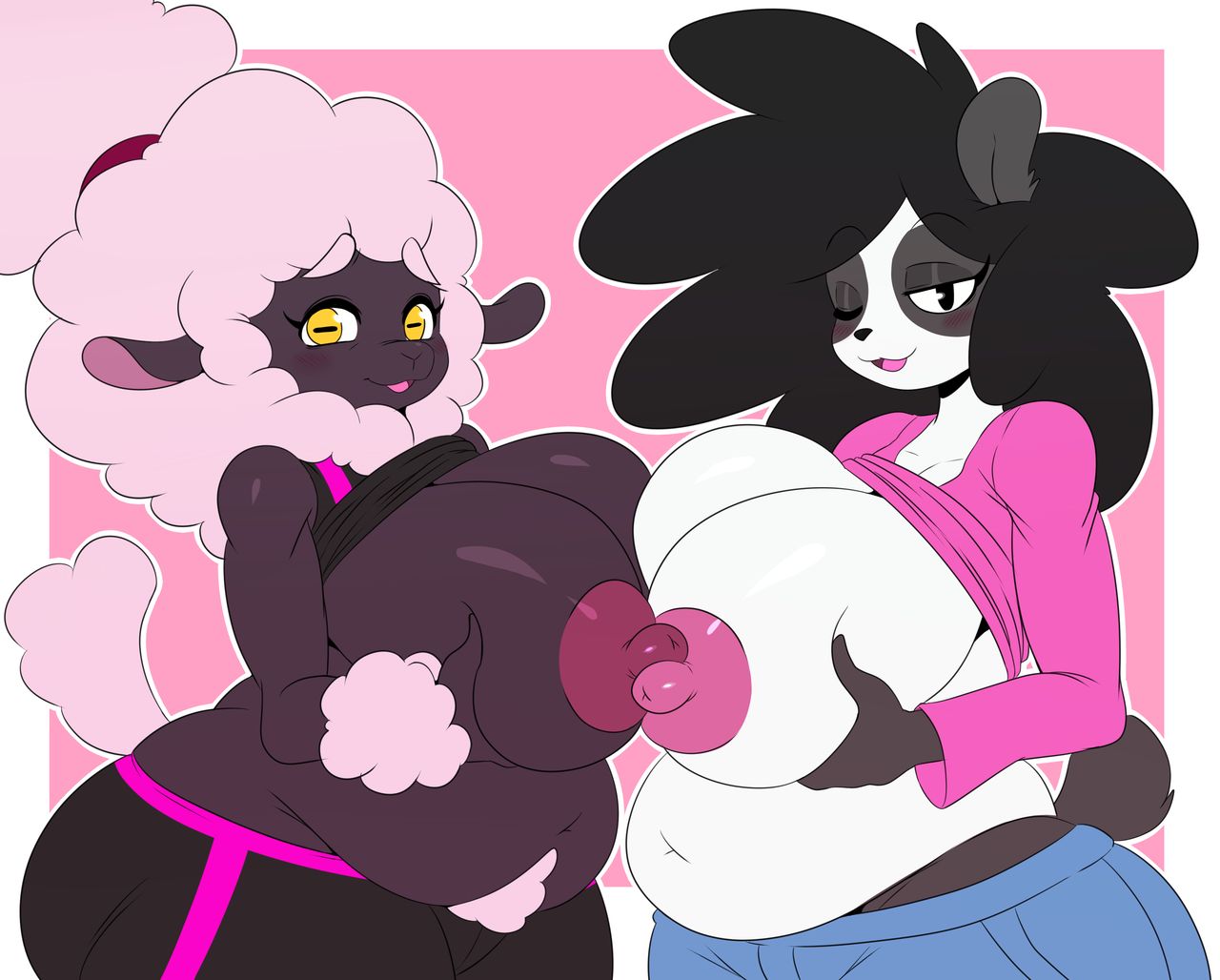 2girls, anthro, big breasts, breasts, clothing, female, female only, fur, furry, furry only, looking at viewer, mother, nipples, overweight, overweight female, sheep, sssonic2, tail