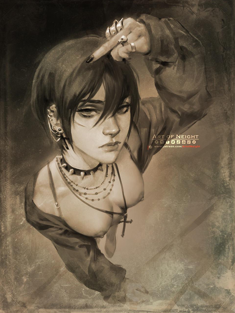 1girls attack_on_titan breasts cross cross_necklace earrings female female_only flipping_off goth goth_mikasa looking_at_viewer looking_up mikasa_ackerman necklace neight scar solo spiked_collar