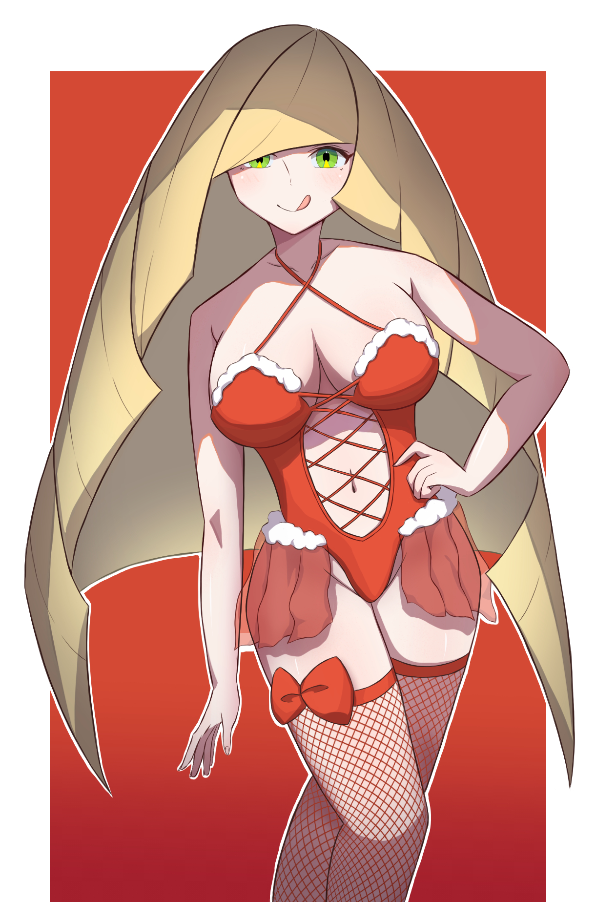 1girls, big breasts, blonde hair, blush, breasts, christmas, christmas outfit, female, female only, green eyes, hand on hip, holidays, lingerie, long hair, looking at viewer, lusamine (pokemon), mature, mature female, milf, mother, nintendo, pokemon, pokemon sm, ribbon, simple background, smile, solo, solo female, tagme, thighhighs, tongue, tongue out, urokozame