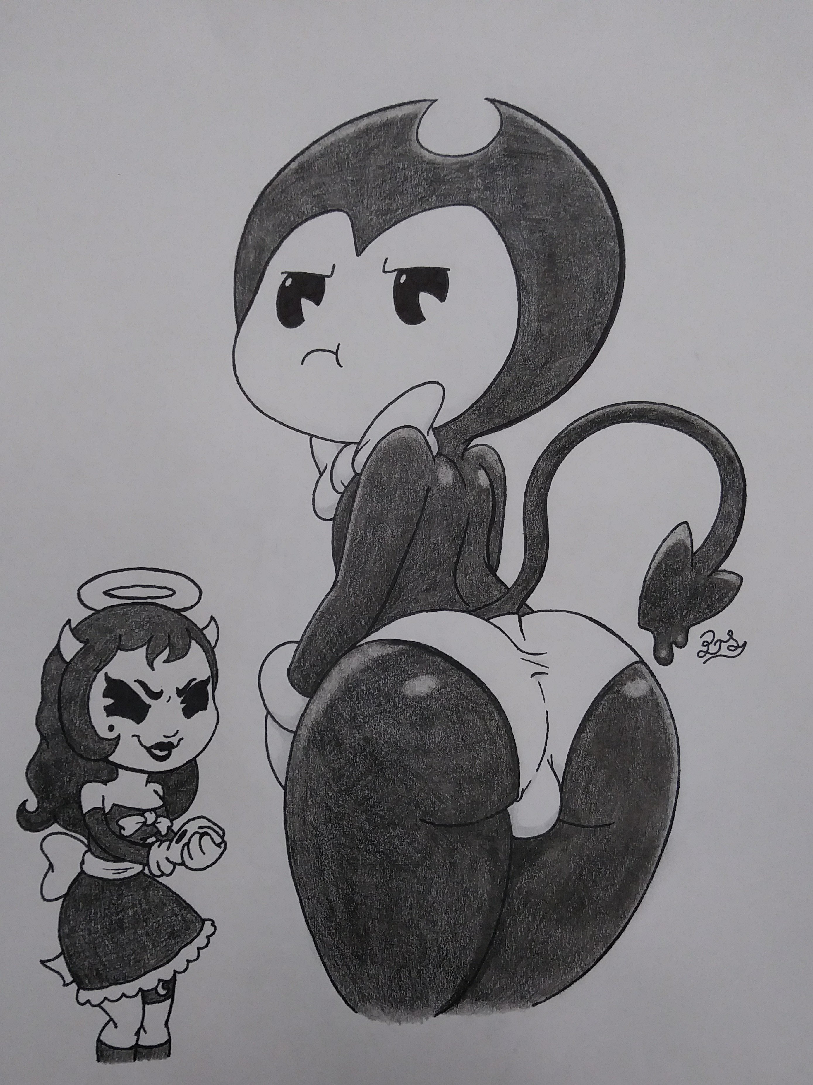 1boy, 1girls, alice angel, ass, bendy, bendy and the ink machine, demon tail, female, frown, male, underwear, white underwear