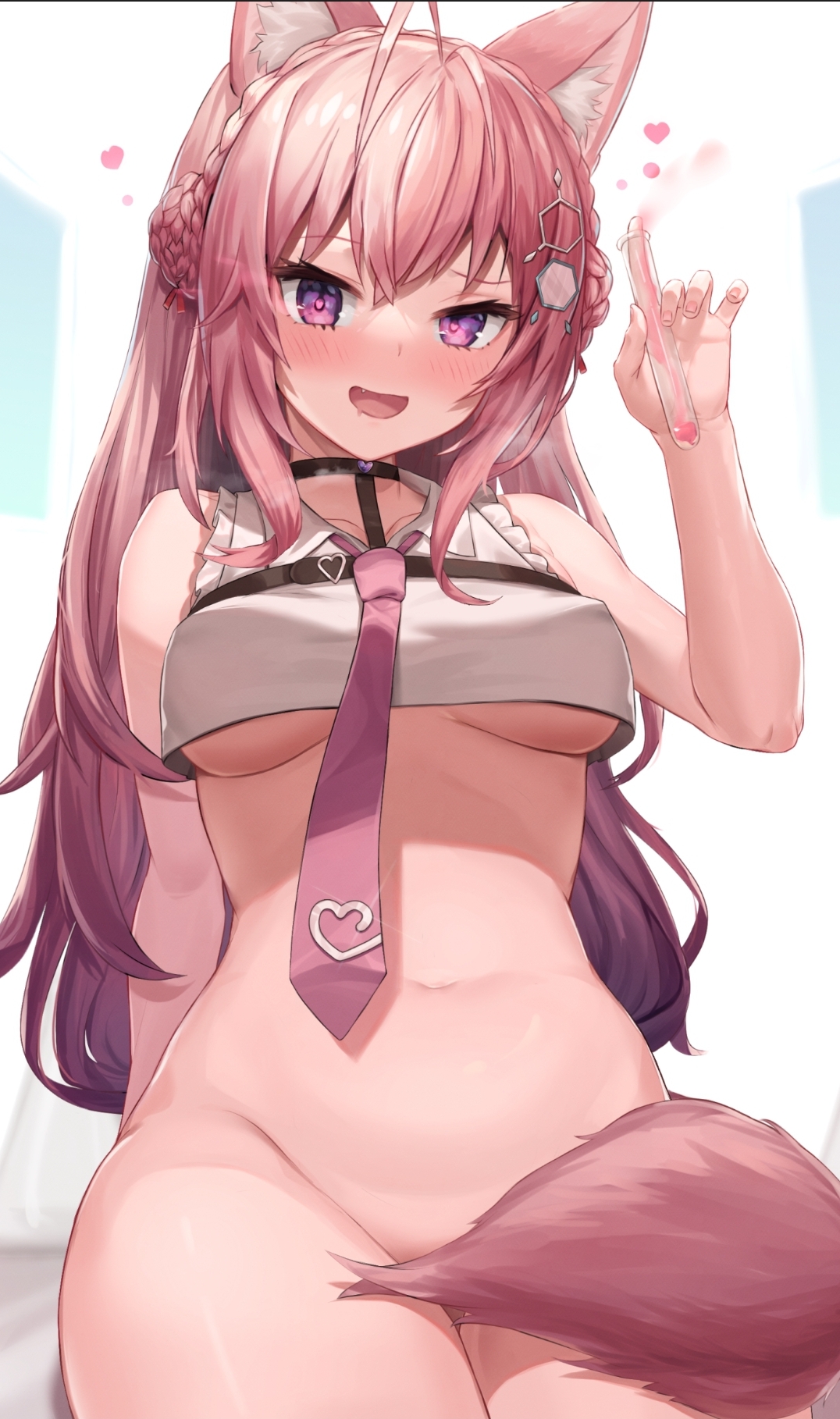 artist request, belly button, breasts, covering pussy, female, hakui koyori, hololive, hololive japan, holox, midriff, no bra, pink eyes, pink hair, pink tail, pussy, simple background, underboob, virtual youtuber