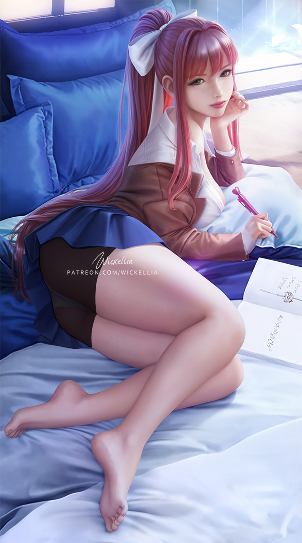 ass bed bedroom bedroom_setting blue_skirt book chin_on_hand compression_shorts doki_doki_literature_club feet female female_only head_on_hand heart_pen long_hair long_hair_female monika_(doki_doki_literature_club) on_bed panties panties_visible_through_clothing pen pillows school_uniform see_through see_through_clothing skirt spandex spandex_shorts spats sports_shorts upskirt watermark white_panties wickellia