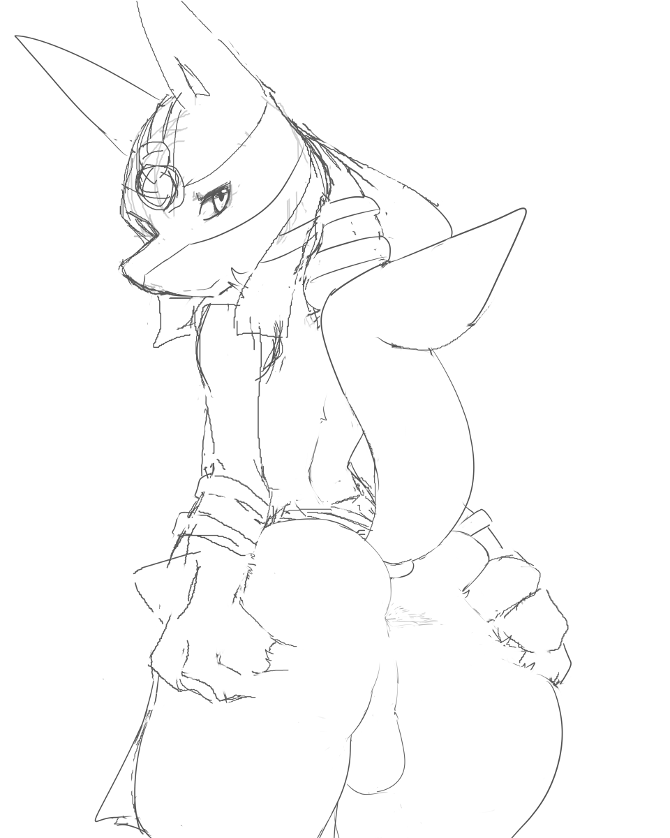 2022 anthro anus ass balls bottomwear clothed clothing egyptian fingers fur genitals hand_on_butt hand_spike headdress hi_res jewelry loincloth looking_at_viewer looking_back looking_back_at_viewer lucario lucariolover448 male male_only monochrome nintendo partially_clothed perineum pokemon pokemon_(species) pokemon_unite presenting presenting_hindquarters raised_tail rear_view ruins_style_lucario simple_background sketch solo spread_anus spread_butt spreading standing tuft video_games