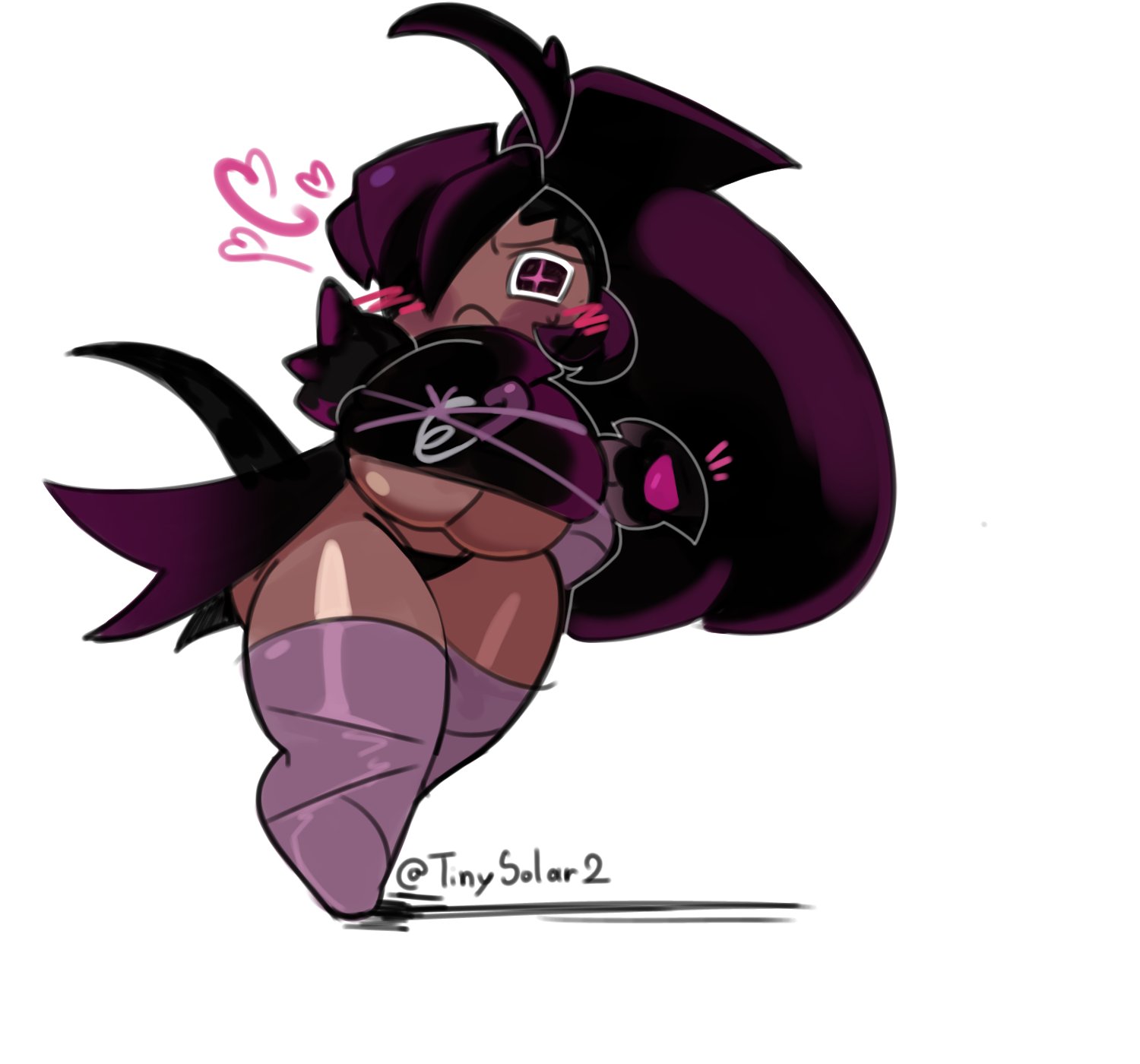 <3, barely clothed, big breasts, black hair, black raisin cookie, blush, breasts, cookie run, cookie run kingdom, crow, dark skin, dark-skinned female, female, full body, long hair, shiny skin, stockings, thick thighs, tinysolar, underboob