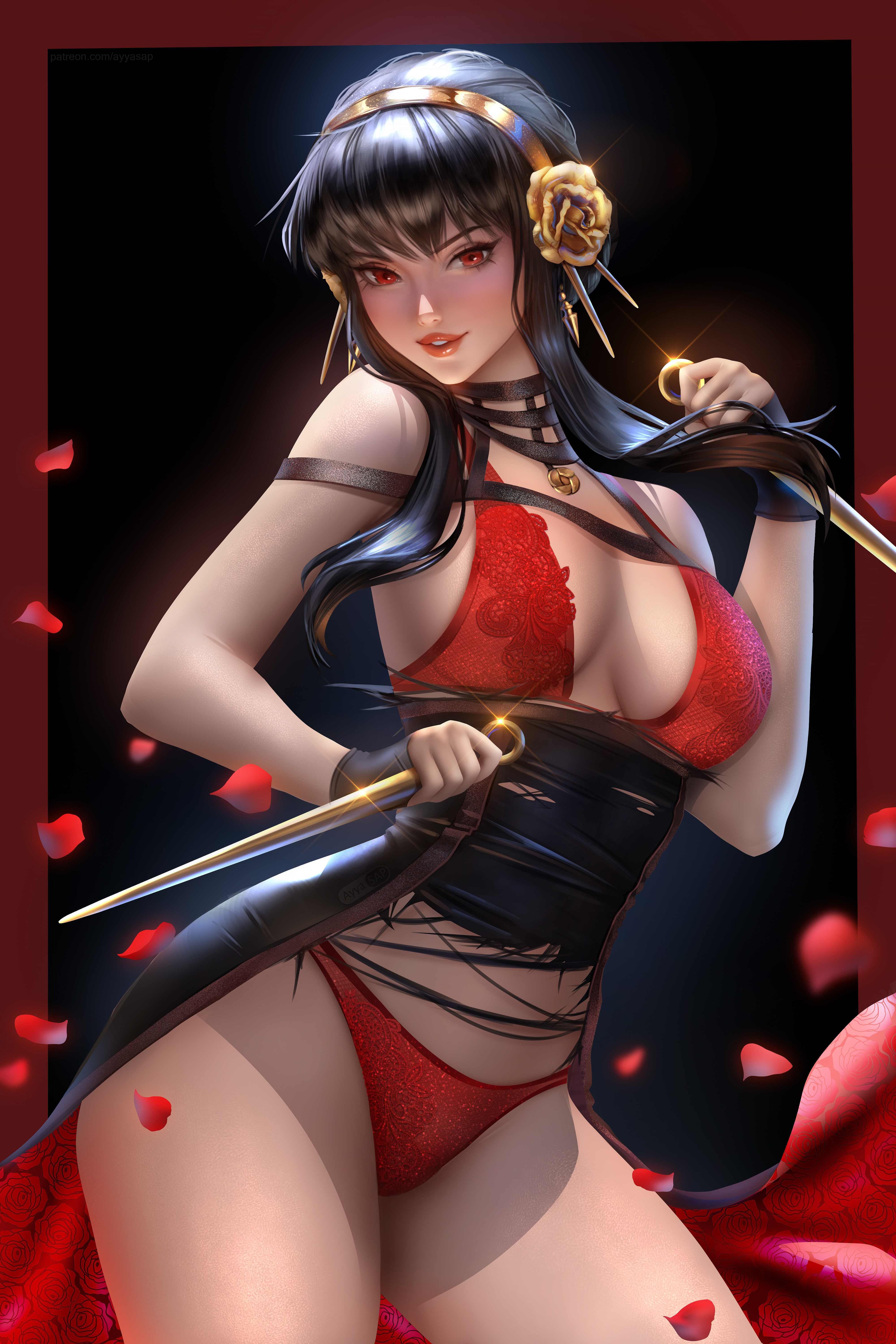1girls, assassin, ayyasap, big breasts, breasts, choker, female, female only, headband, highres, long hair, looking at viewer, nipples, pussy, red eyes, solo, spy x family, stiletto (weapon), thorn princess, yor briar