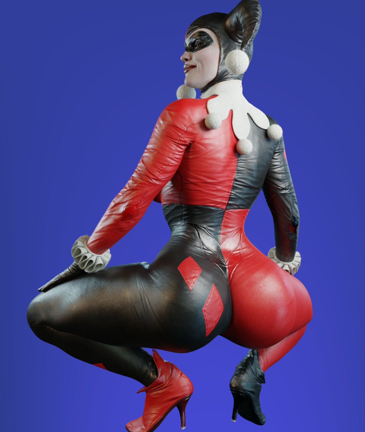 1girls, 3d, 3d (artwork), ass, batman (series), bending over, big ass, blender, bodysuit, broly culo, dc, dc comics, female, female only, harley quinn, harley quinn (classic), harley quinn (injustice), high heels, injustice 2, large ass, legs, light skin, light-skinned female, lipstick, looking back, makeup, meme, pale skin, pale-skinned female, rear view, simple background, skin tight, smitty34, solo, solo female, squatting, suit, tagme, thick thighs, thighs