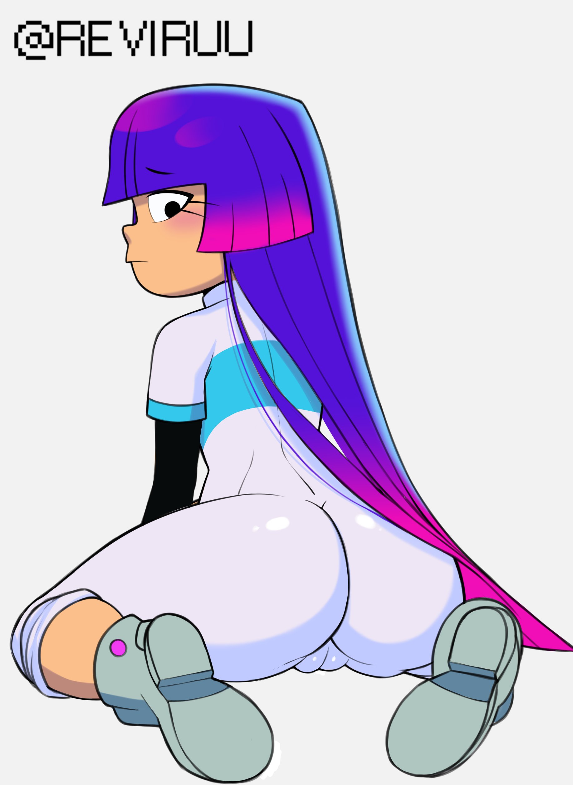 ass, black eyes, bodysuit, boots, bottom heavy, cameltoe, female, glitch techs, huge ass, looking back, miko kubota, nickelodeon, purple hair, pussy, reviruu, skin tight, thick thighs