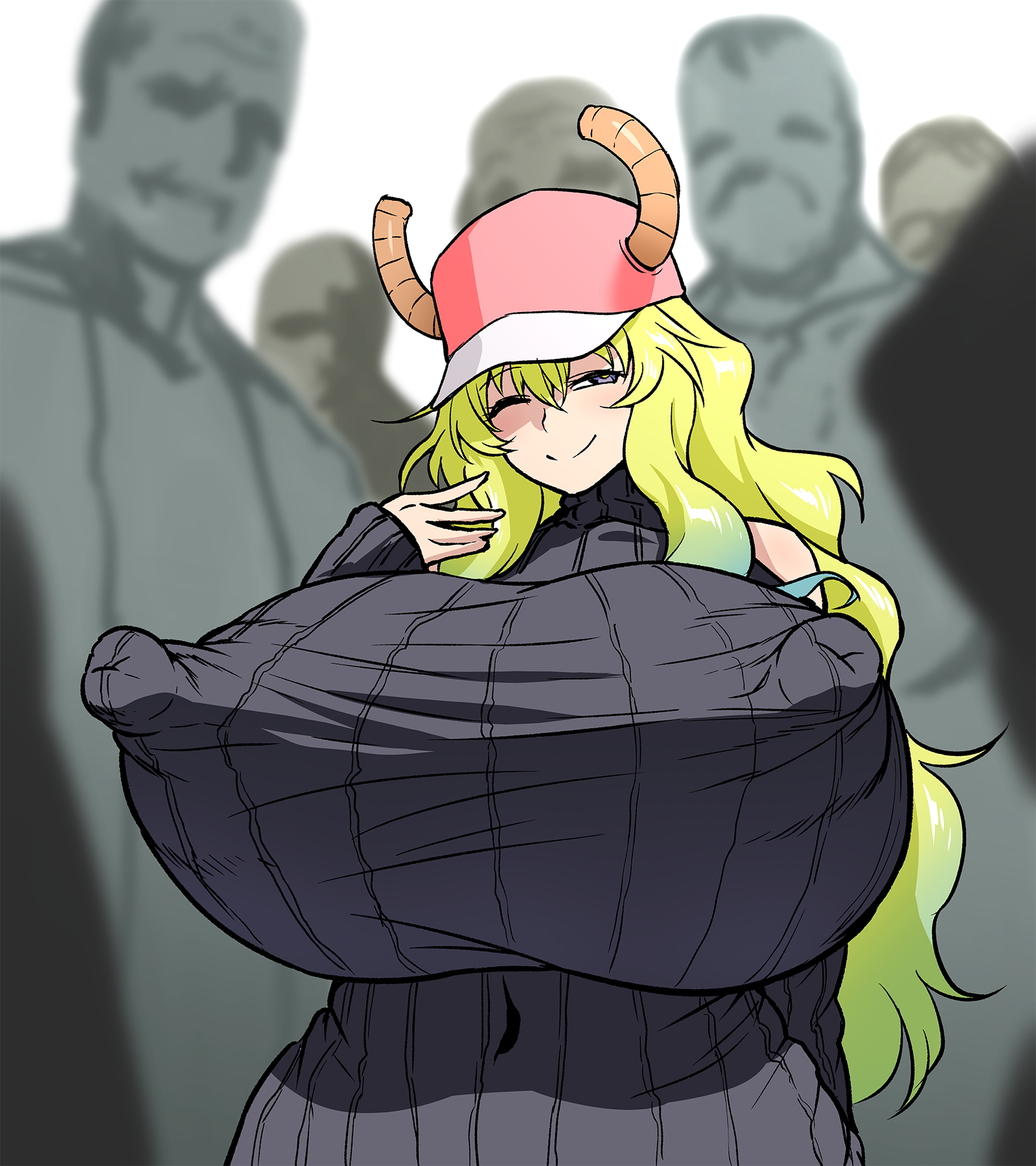 ahemaru, baseball cap, breasts, clothed, clothing, dragon girl, dragon horns, erect nipples, erect nipples under clothes, female, female only, gigantic breasts, green hair, horn, horns, huge breasts, long hair, mature female, milf, miss kobayashi's dragon maid, multiple boys, nipple bulge, nipples, nipples visible through clothing, public, quetzalcoatl (dragon maid), sweater, top heavy, wink