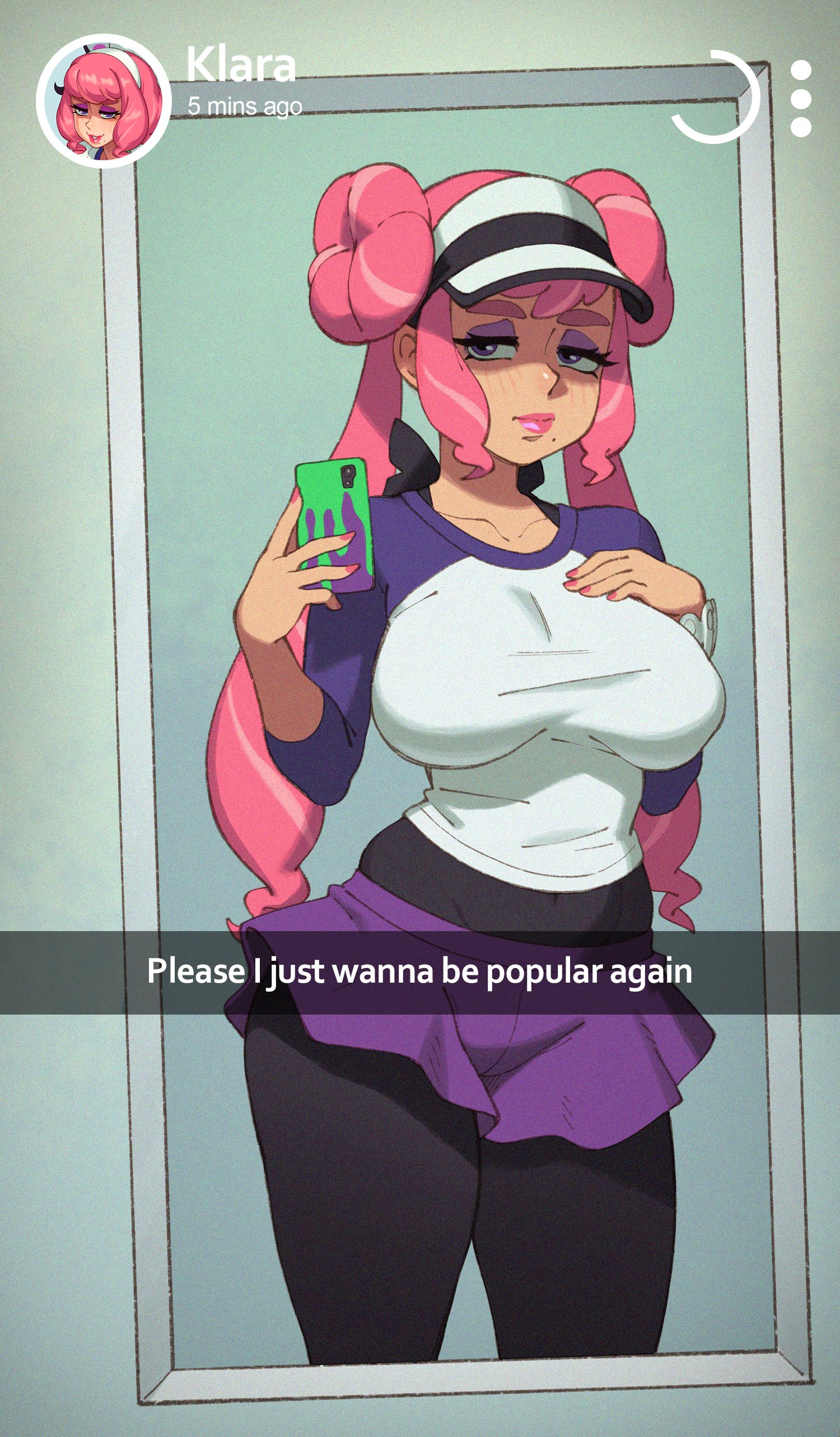 1girls, 2022, alternate breast size, alternate hairstyle, annoyed, beauty mark, breasts, clothed, clothed female, clothing, dialogue, electronics, english text, female, female only, hat, hi res, hips, holding object, huge breasts, human, indoors, klara (pokemon), leggings, mirror selfie, mole under mouth, nintendo, outfit swap, pale skin, phone, pink hair, pokemon, pokemon bw2, pokemon ss, pokemon ss isle of armor, purple eyes, rizdraws, rosa (pokemon) (cosplay), selfie, short skirt, simple background, skirt, slim waist, snapchat, text, thick lips, thick thighs, thighs, tight clothing, tight fit, twin buns, twintails, visor, visor cap, wide hips