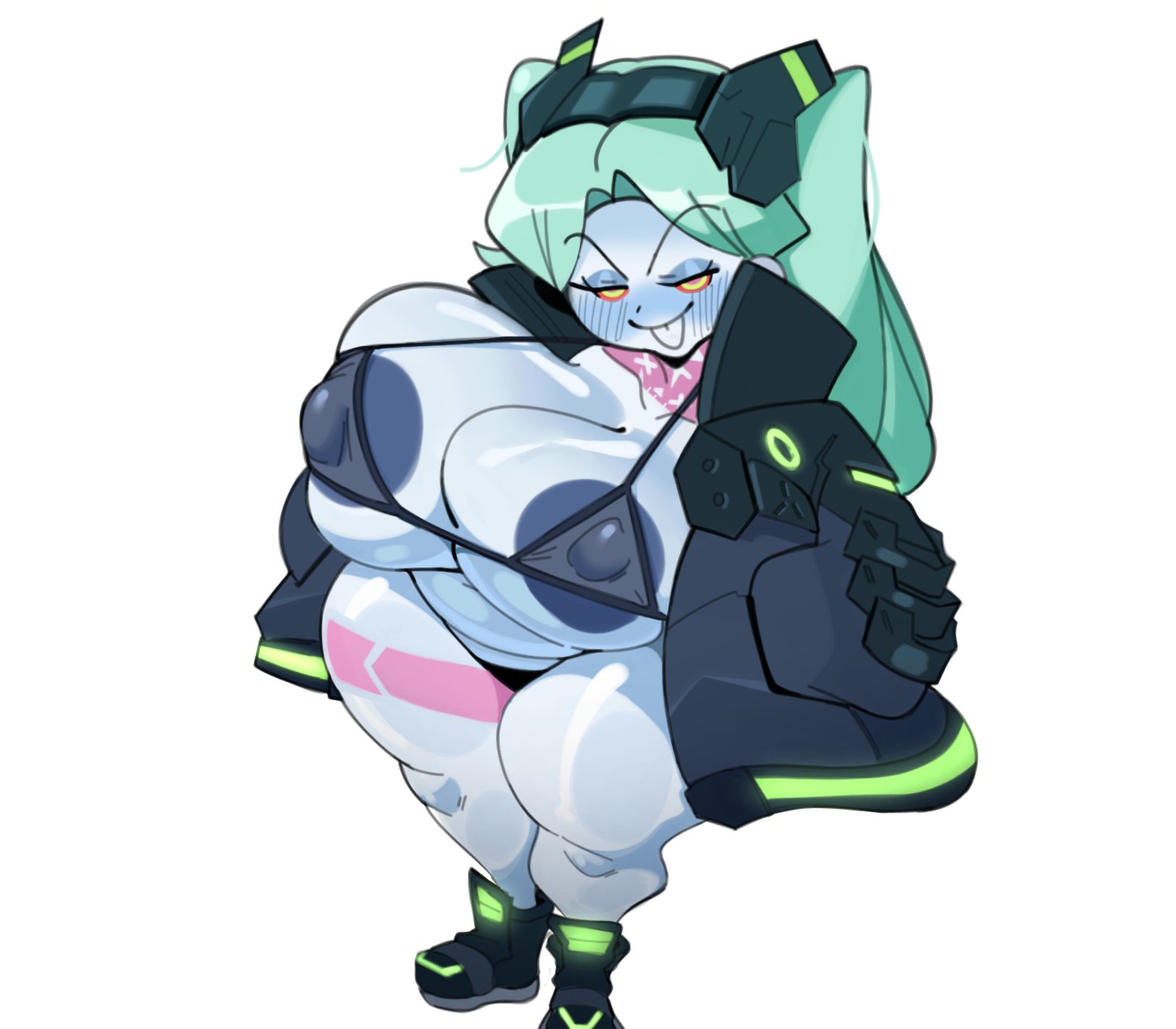 1girls, 2022, alternate breast size, areola slip, bedroom eyes, breasts, breasts bigger than head, clothing, curvaceous, curvy, cyberpunk 2077, cyberpunk: edgerunners, female, female focus, half-closed eyes, huge breasts, huge thighs, human, jacket, looking at viewer, nipple bulge, no artist signature, outerwear, pale skin, plump, rebecca (edgerunners), short stack, shortstack, simple background, small nose, solo, solo female, solo focus, thick thighs, thighs, thin eyebrows, tinysolar, tongue, tongue out, twintails, very small nose, voluptuous, white background