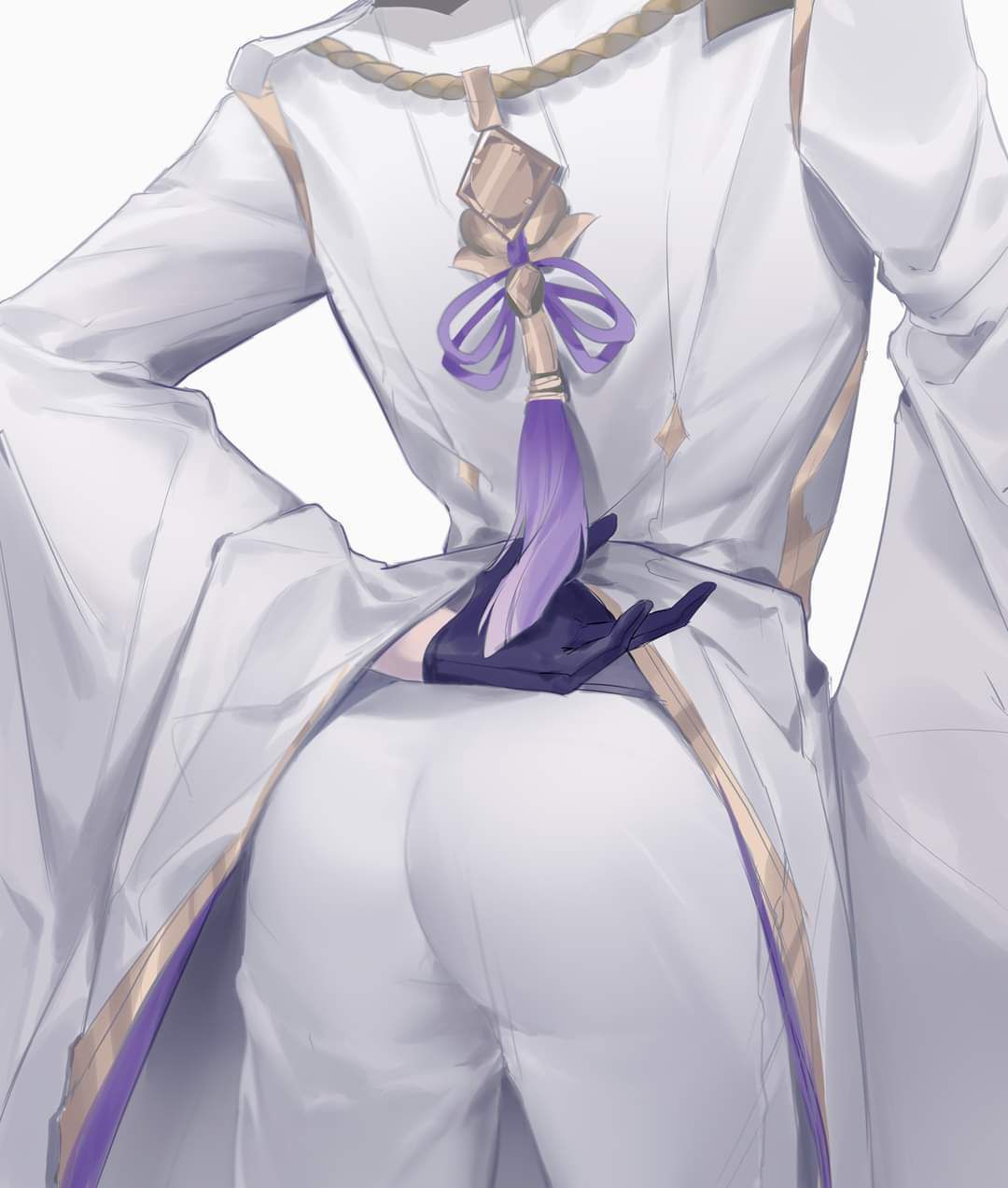 1boy, ass, ass focus, back, big ass, black gloves, cowboy shot, genshin impact, gloves, highres, japanese clothes, kamisato ayato, long sleeves, male, male focus, male only, pants, solo, tassel, white background, wide sleeves