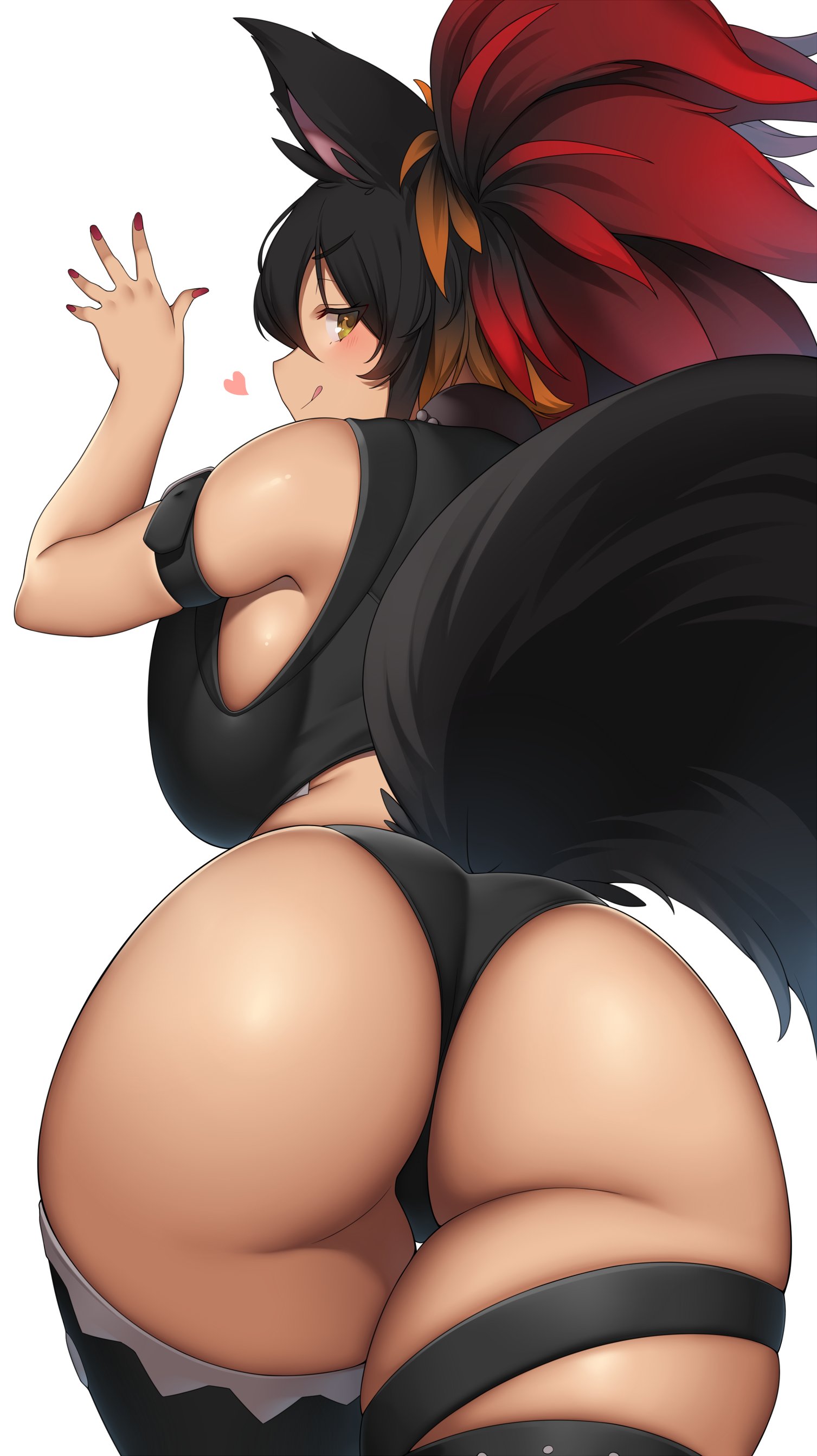 absurdres, animal ears, ass, ass focus, back, big ass, black hair, curvy, female, highres, huge ass, looking back, multicolored hair, nail polish, original, panties, red hair, solo, suruga (xsurugax), tail, thick thighs, thighhighs, thighs, underwear, white background, yellow eyes