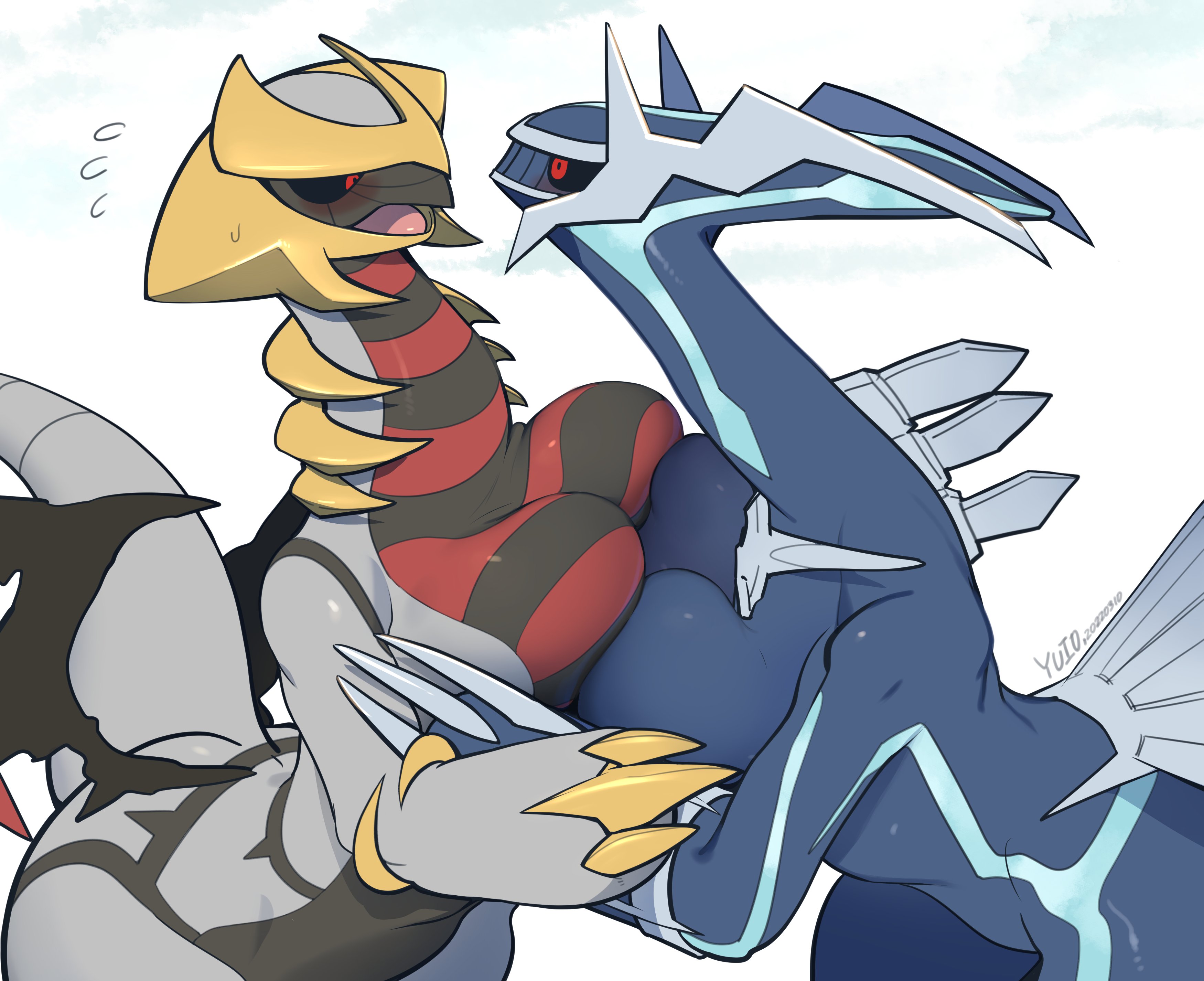 2girls, anthro, black sclera, blush, breast press, breasts, breasts to breasts, dialga, eye contact, female, female only, giratina, mammal, nintendo, pokémon (species), pokemon, pokemon (species), red eyes, simple background, very high resolution, white background, yuio