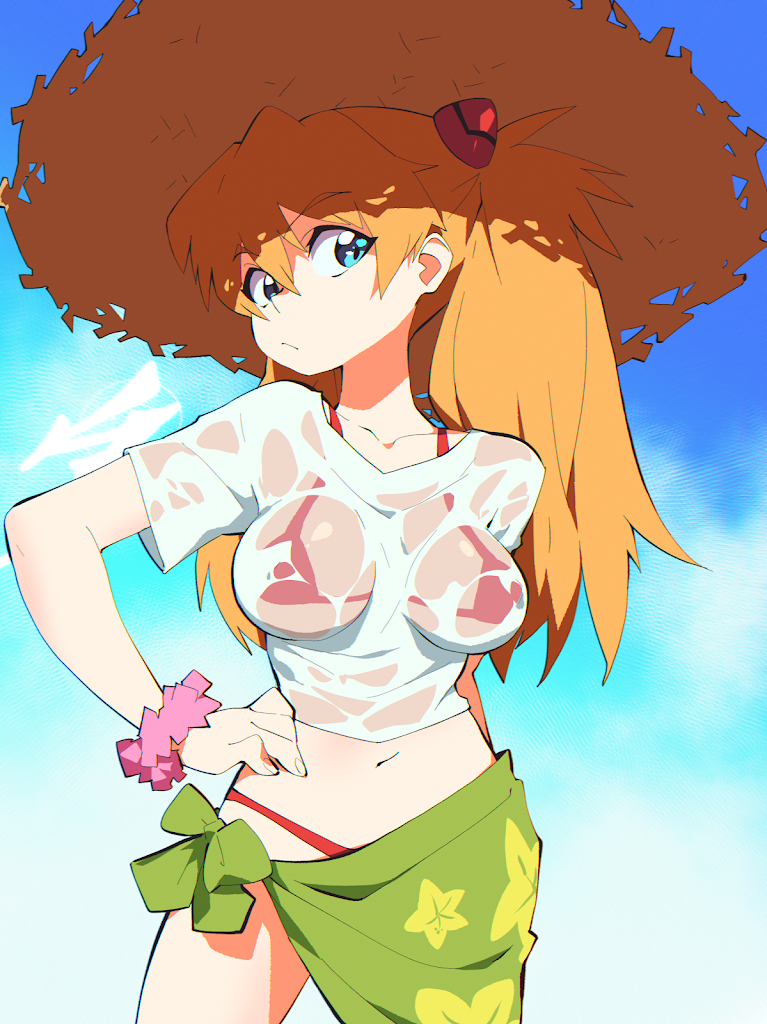 1girls, aetherion art, asuka langley sohryu, bikini, blue eyes, breasts, clothing, female, hat, highres, large breasts, looking at viewer, neon genesis evangelion, shirt, solo female, swimsuit, wet clothes