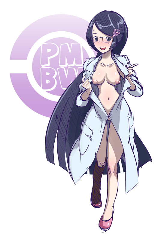 breasts butcha-u fennel_(pokemon) flats glasses labcoat long_hair navel nintendo nipples pokemon pokemon_bw sleeves_rolled_up