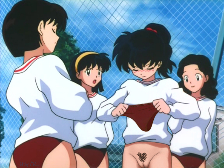 4girls artist_request ayumi_(inuyasha) black_hair blush bottomless buruma closed_eyes clothed clothes eri_(inuyasha) exhibitionism exposure female female_only female_with_female fence gym_uniform hairband higurashi_kagome inuyasha kagome_higurashi long_hair mole molestation multiple_girls outdoors outside panties photoshop ponytail pubic_hair public public_exposure pussy screencap scrunchie shirt sky sweater tied_hair vagina yuka_(inuyasha) yuri