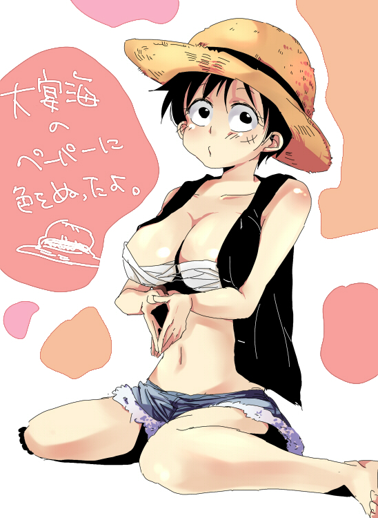 1girls breasts busty cleavage clothing color female female_only hourglass_figure human jean_shorts luffyko monkey_d_luffy one_piece rule_63 skin solo straw_hat voluptuous