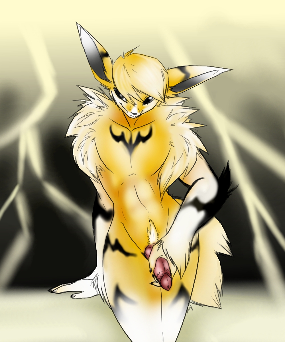 anthro color eeveelution electricity fortuna front_view fur furry jolteon male male_only nintendo nude penis pokemon pokemon_(species) solo standing tagme