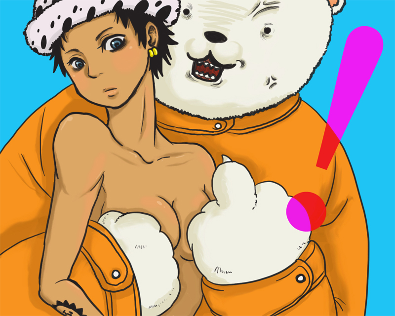 1boy 1girls bepo bepo_the_goat blue_eyes blush canon_genderswap color drip female furry genderswap_(mtf) hands_on_breasts heart_pirates male meme middle_finger mink_tribe one_piece rule_63 shiku_shiku_no_mi shounen_jump tagme tan_body trafalgar_law trafalgar_law_(female) veiny_face white_fur