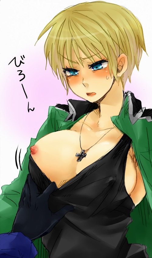 1boy 1girls axis_powers_hetalia beige_skin blonde_female blonde_hair blue_eyes blush breasts breasts_exposed breasts_out clothes color cross erect_nipples exposed_breasts female genderswap_(mtf) germany_(hetalia) gilbert_weillschmidt gloves hair human japanese_text large_breasts military_uniform necklace nipple_slip nipples no_bra nyo!germany nyotalia open_eyes prussia_(hetalia) pulling_clothing pulling_shirt round_ears rule_63 shirt_grab short_hair short_hair_female sweat sweatdrop tank_top text translation_request uniform