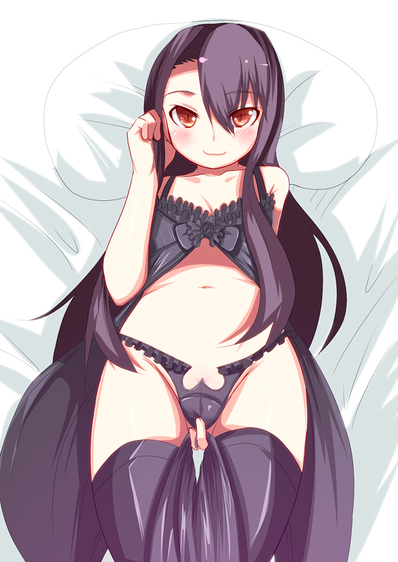 adjusting_hair beatrice_(wild_arms) beatrice_(wild_arms_3) bed black_bra black_legwear black_panties blush bra flat_chest johnny_funamushi lingerie long_hair lying masturbation midriff orange_eyes panties pillow purple_hair red_eyes smile thighhighs underwear wild_arms wild_arms_3